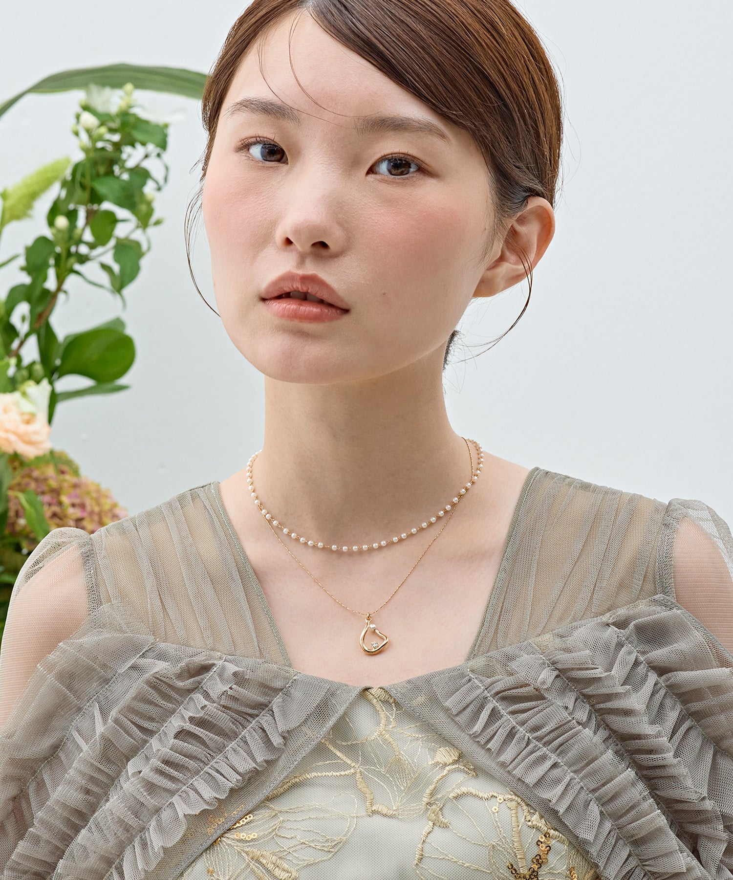 小粒パールドロップニュアンスモチーフ2連ネックレス