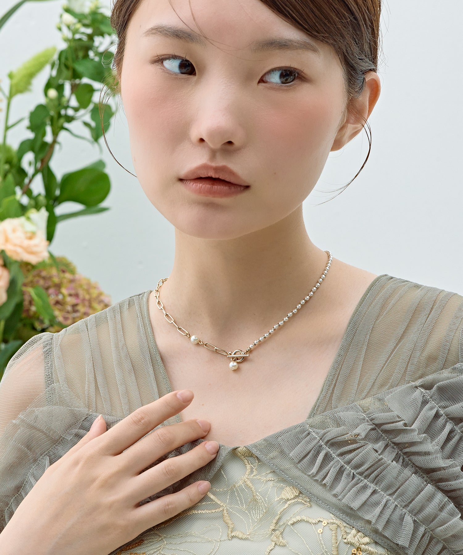 ニュアンスパールアシンメトリーマンテルネックレス
