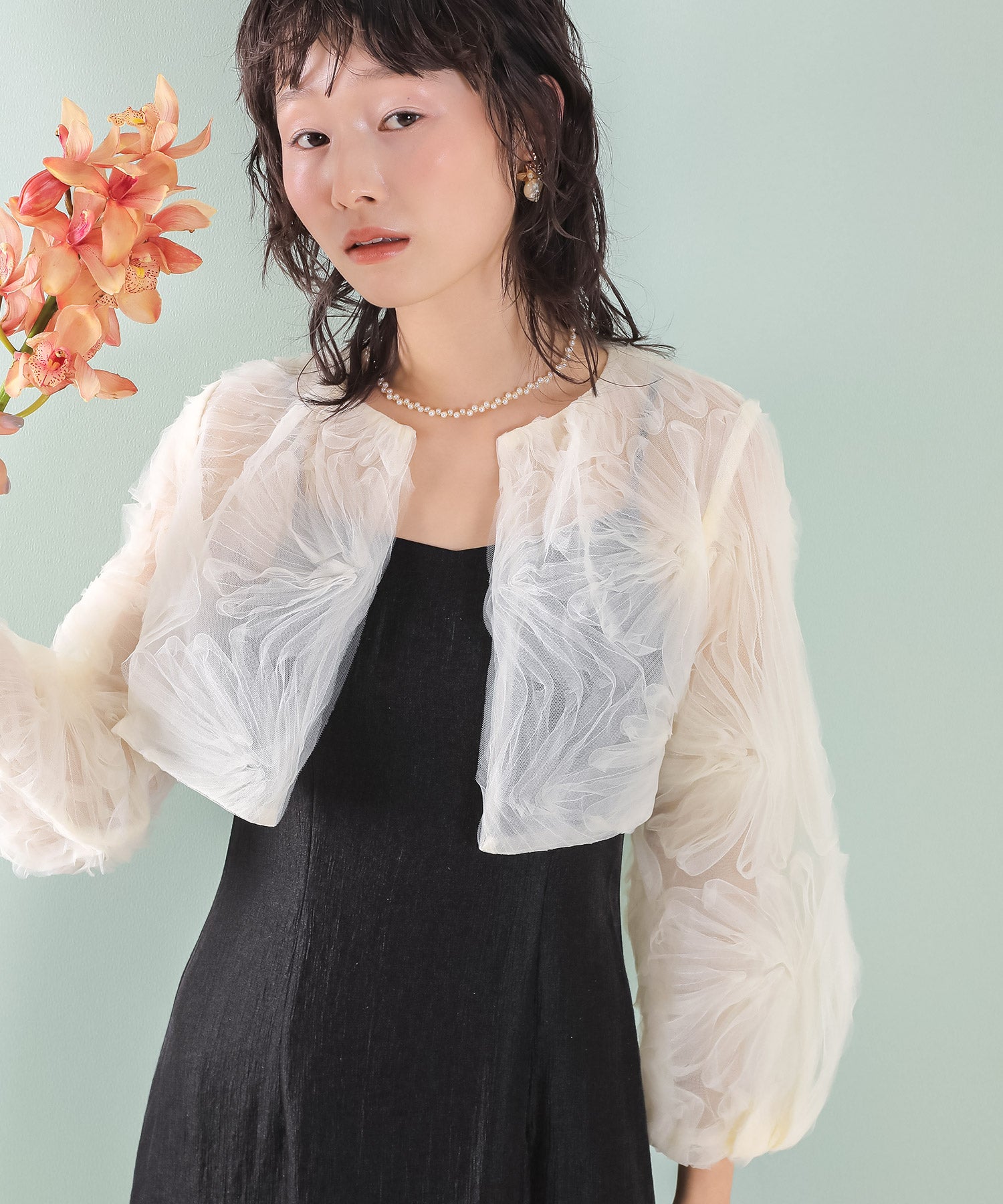 【kaene別注企画】チュールエンブロイダリーボレロ 光沢サテンAラインドレス 2点セット パーティー結婚式 お呼ばれ オケージョンドレス