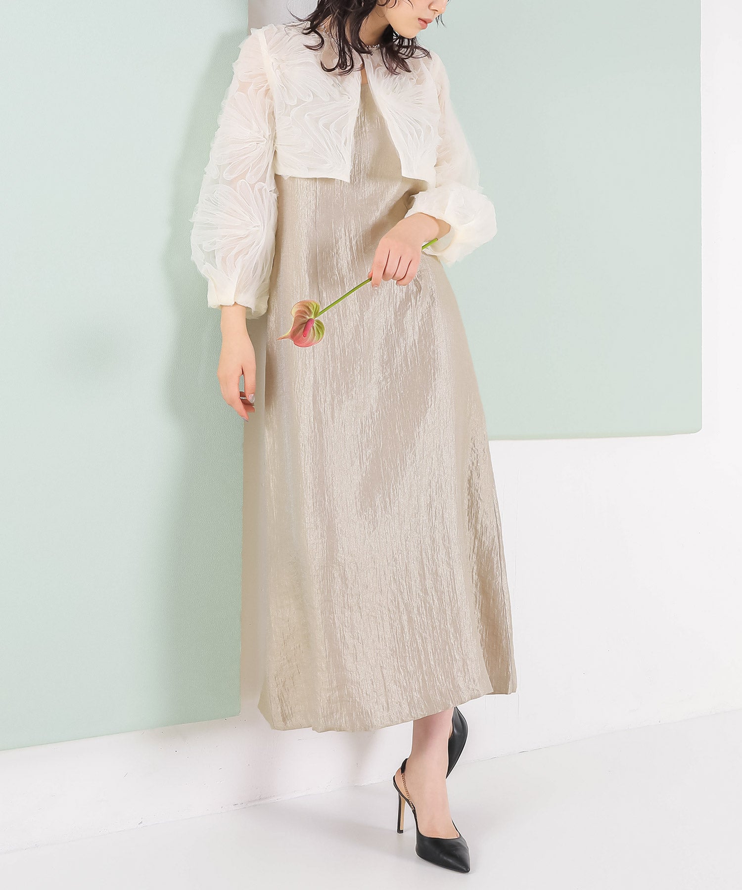 【kaene別注企画】チュールエンブロイダリーボレロ 光沢サテンAラインドレス 2点セット パーティー結婚式 お呼ばれ オケージョンドレス