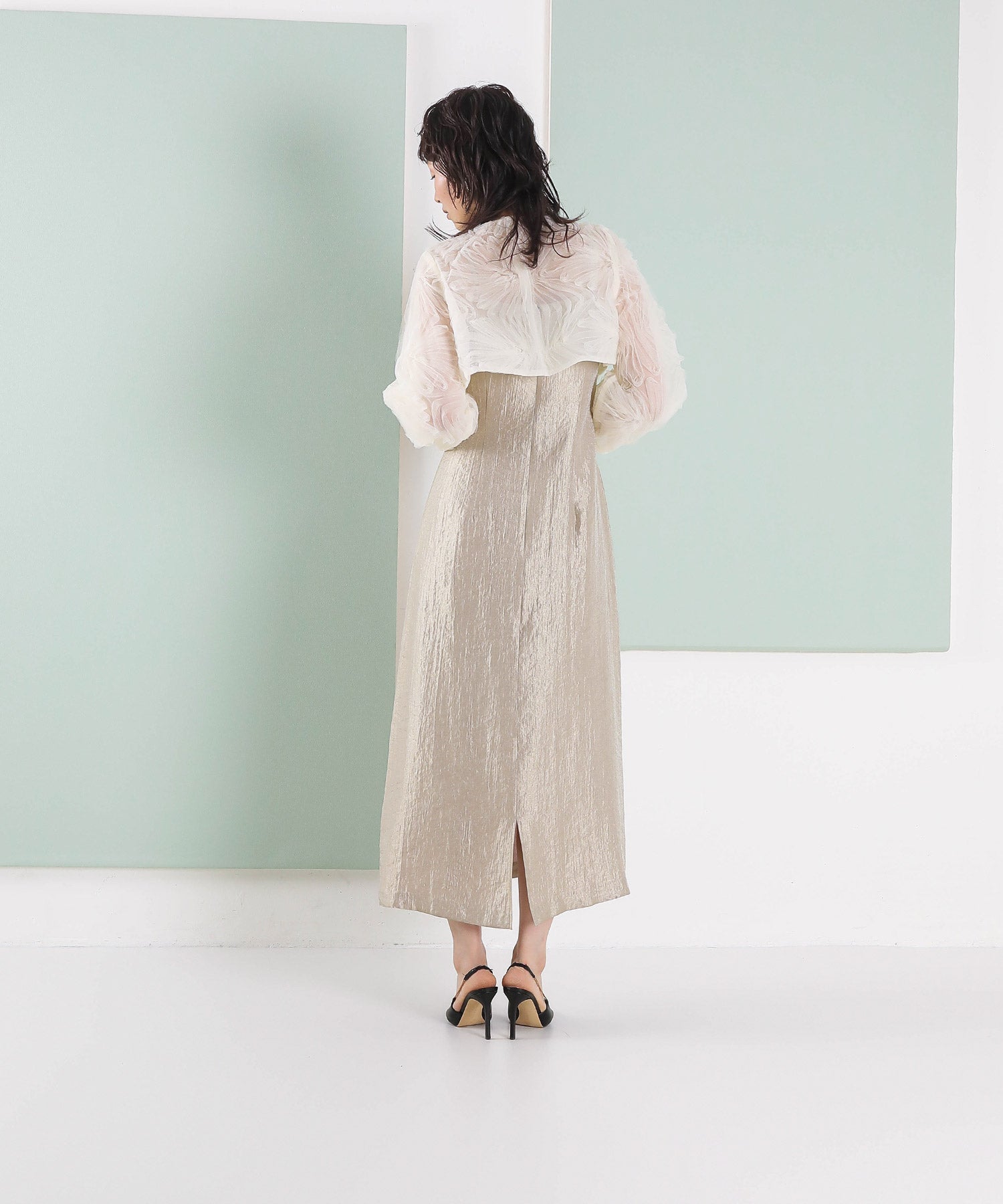 【kaene別注企画】チュールエンブロイダリーボレロ 光沢サテンAラインドレス 2点セット パーティー結婚式 お呼ばれ オケージョンドレス