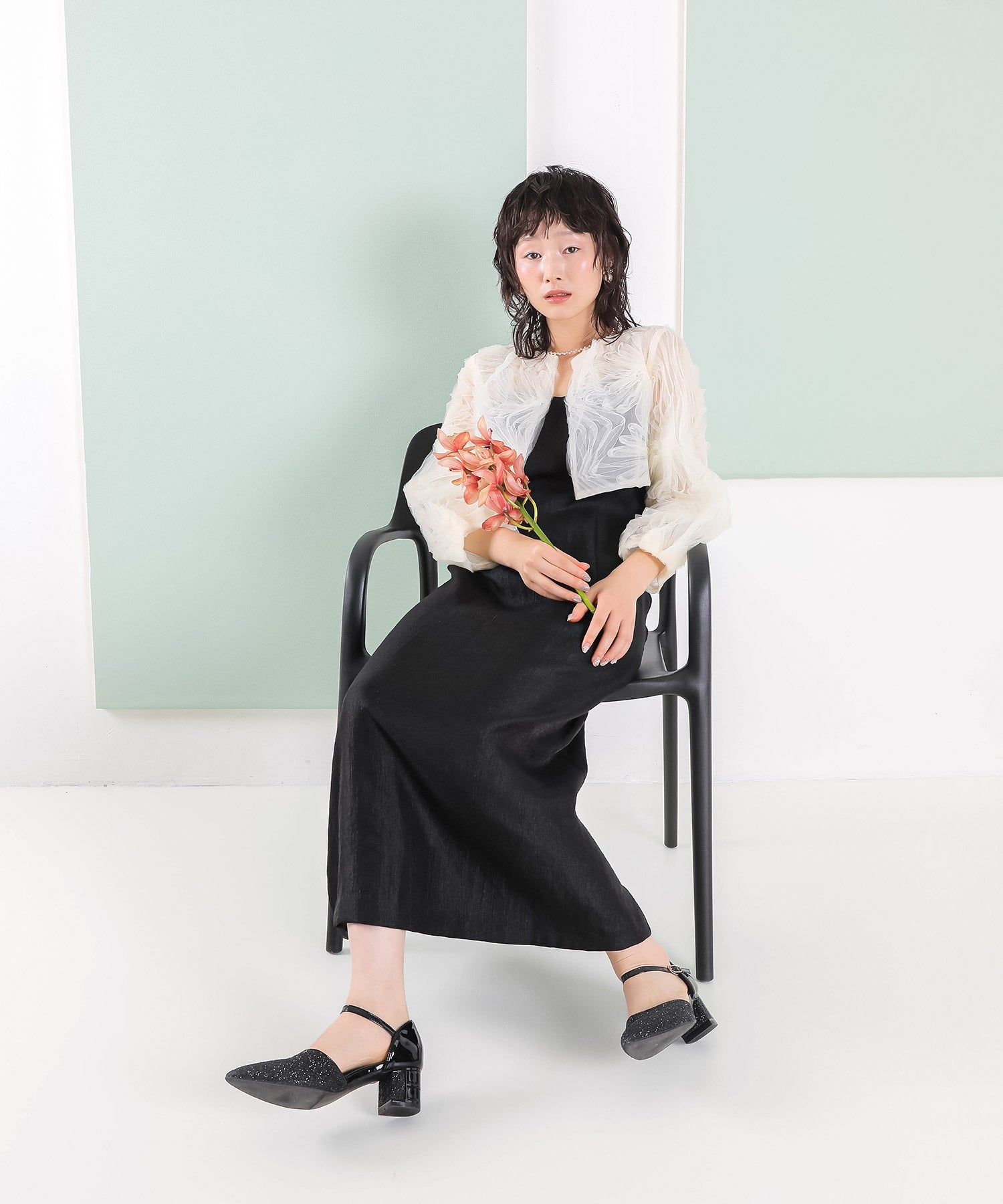 【kaene別注企画】チュールエンブロイダリーボレロ 光沢サテンAラインドレス 2点セット パーティー結婚式 お呼ばれ オケージョンドレス