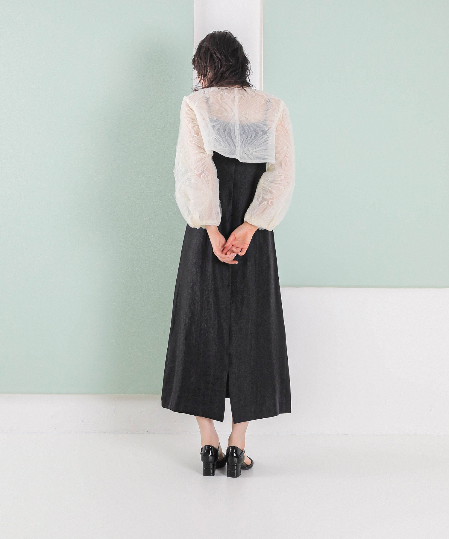 【kaene別注企画】チュールエンブロイダリーボレロ 光沢サテンAラインドレス 2点セット パーティー結婚式 お呼ばれ オケージョンドレス