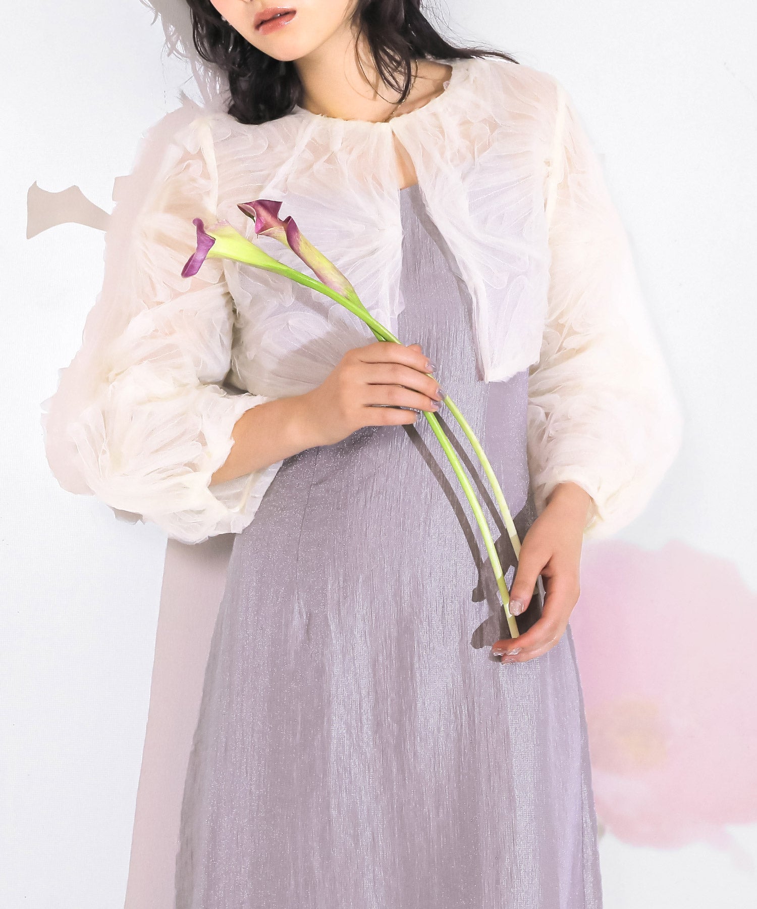 【kaene別注企画】チュールエンブロイダリーボレロ 光沢サテンAラインドレス 2点セット パーティー結婚式 お呼ばれ オケージョンドレス