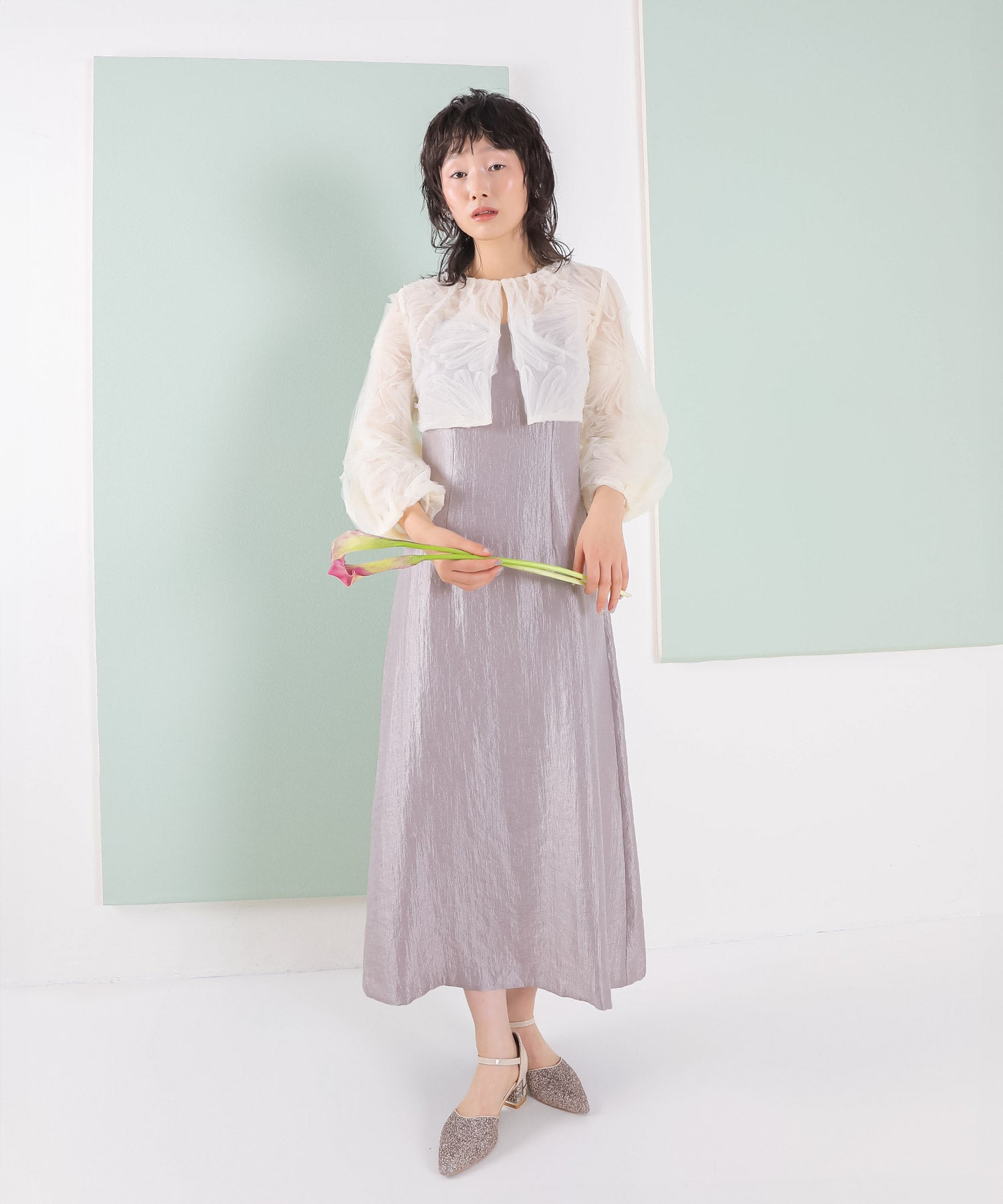 【kaene別注企画】チュールエンブロイダリーボレロ 光沢サテンAラインドレス 2点セット パーティー結婚式 お呼ばれ オケージョンドレス