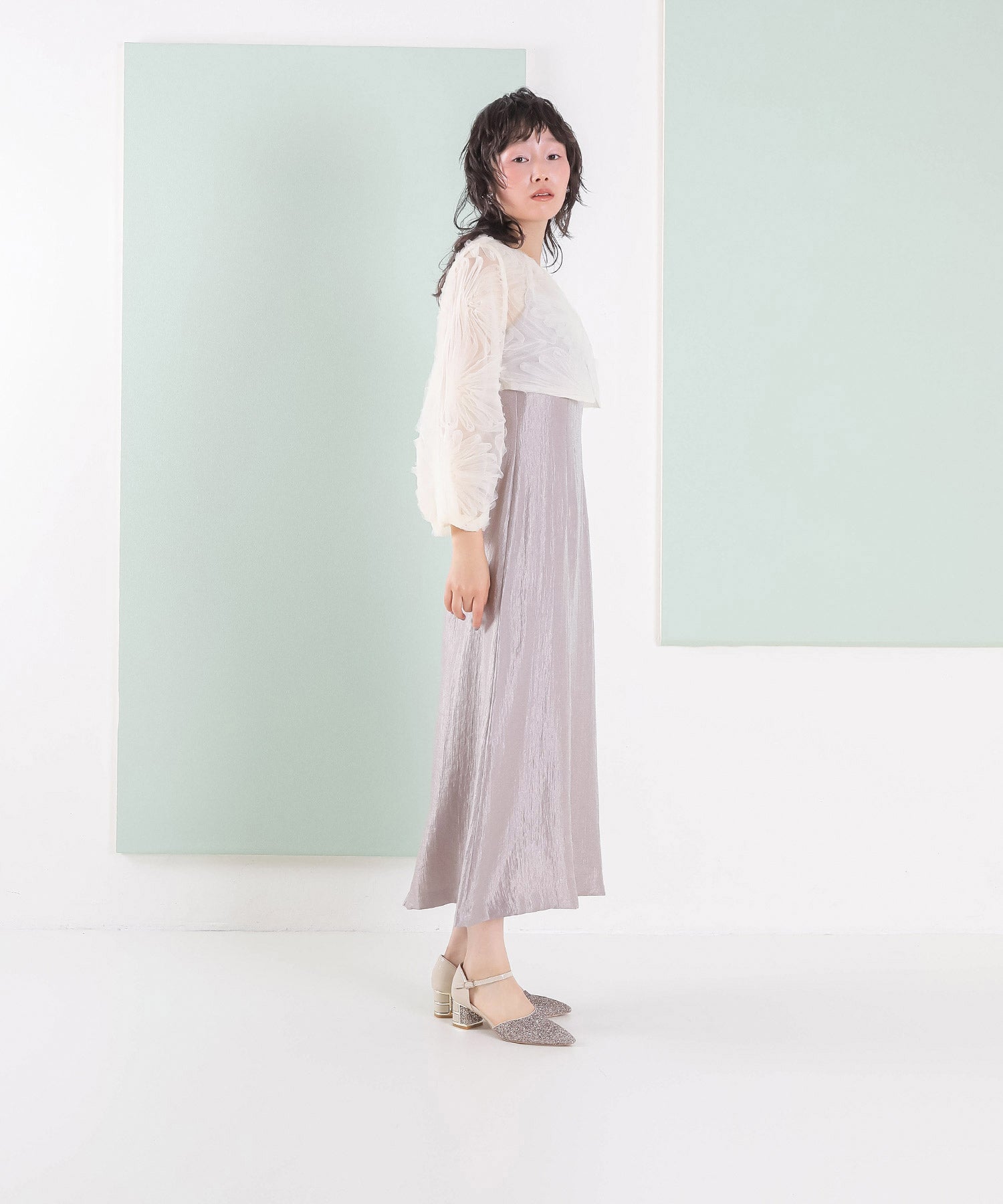 【kaene別注企画】チュールエンブロイダリーボレロ 光沢サテンAラインドレス 2点セット パーティー結婚式 お呼ばれ オケージョンドレス