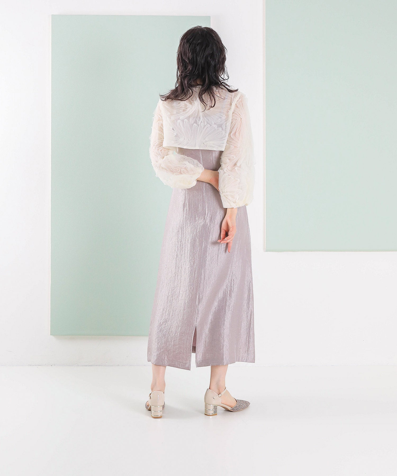 【kaene別注企画】チュールエンブロイダリーボレロ 光沢サテンAラインドレス 2点セット パーティー結婚式 お呼ばれ オケージョンドレス