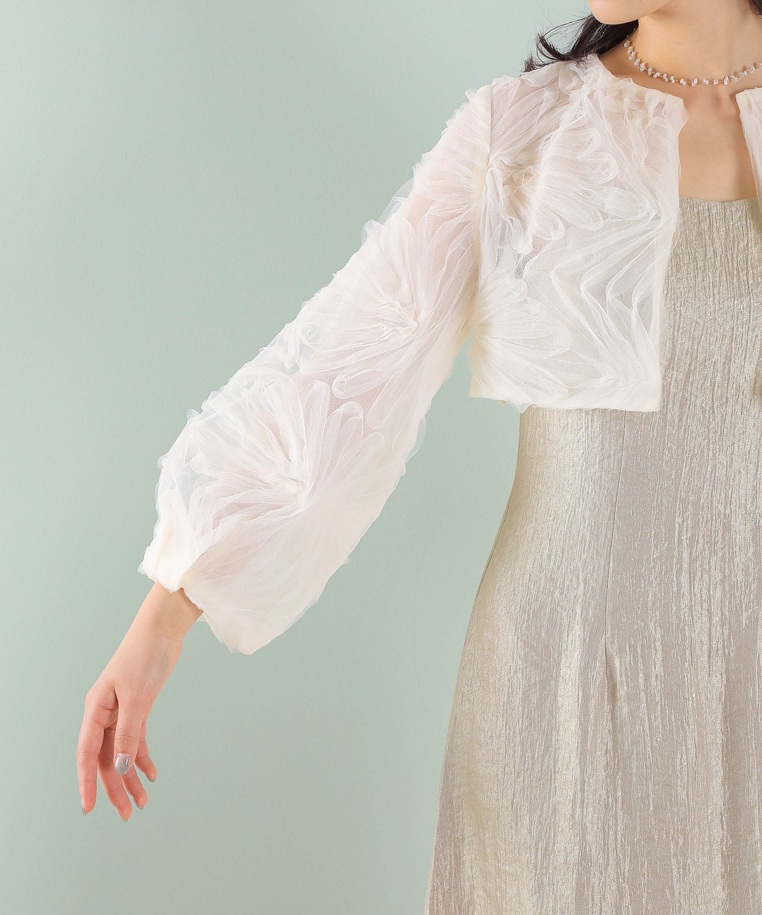 【kaene別注企画】チュールエンブロイダリーボレロ 光沢サテンAラインドレス 2点セット パーティー結婚式 お呼ばれ オケージョンドレス