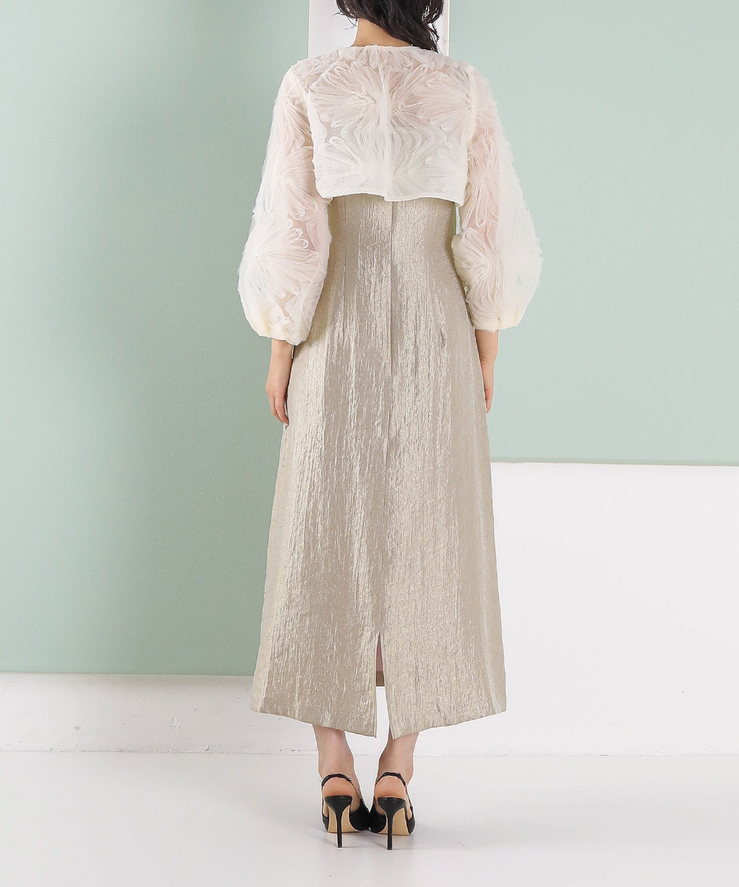 【kaene別注企画】チュールエンブロイダリーボレロ 光沢サテンAラインドレス 2点セット パーティー結婚式 お呼ばれ オケージョンドレス