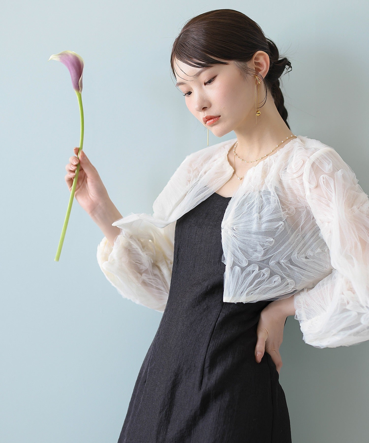 【kaene別注企画】チュールエンブロイダリーボレロ 光沢サテンAラインドレス 2点セット パーティー結婚式 お呼ばれ オケージョンドレス