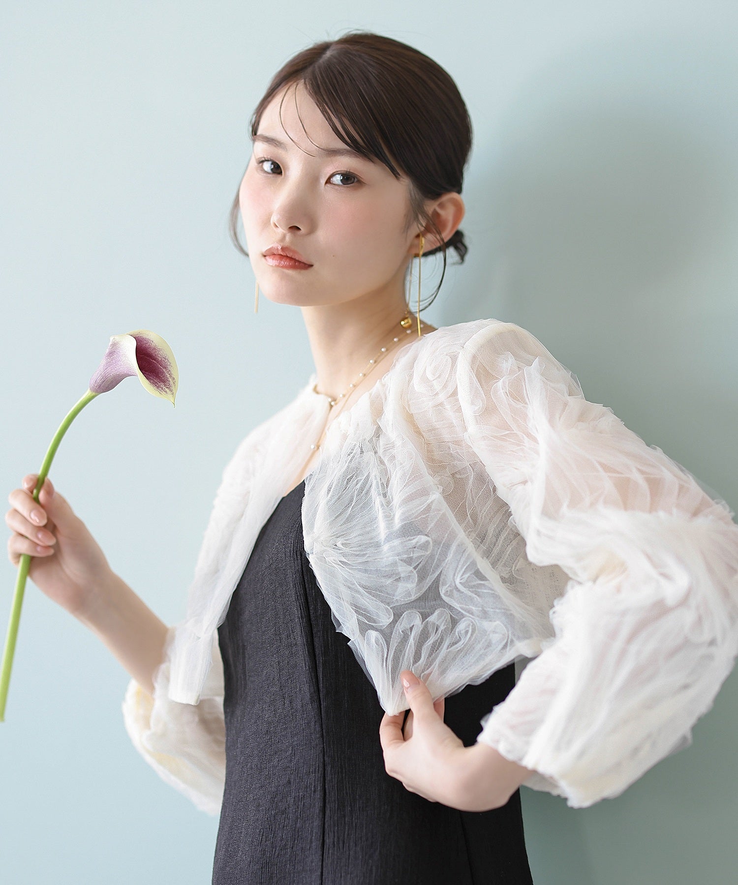 【kaene別注企画】チュールエンブロイダリーボレロ 光沢サテンAラインドレス 2点セット パーティー結婚式 お呼ばれ オケージョンドレス