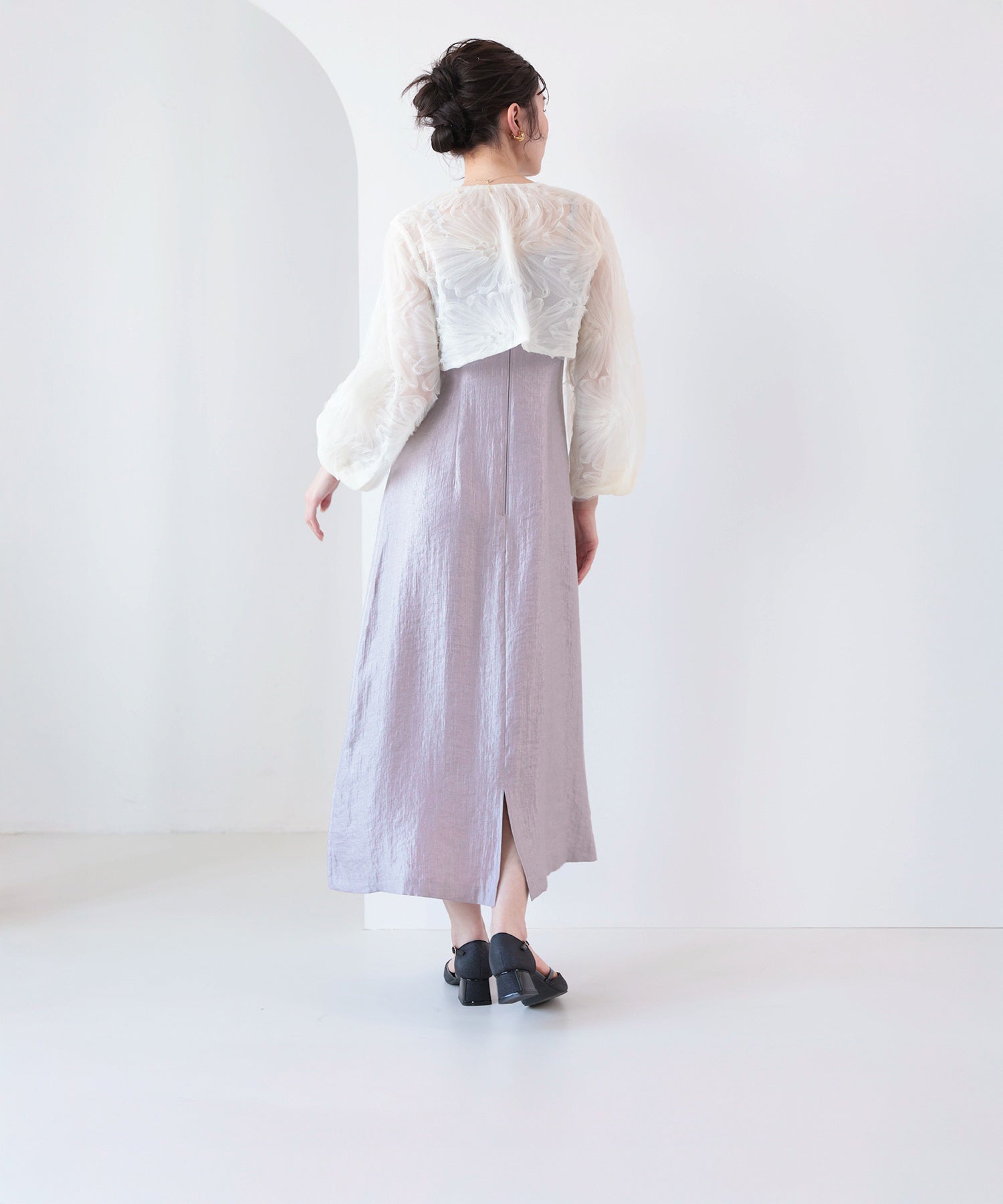 【kaene別注企画】チュールエンブロイダリーボレロ 光沢サテンAラインドレス 2点セット パーティー結婚式 お呼ばれ オケージョンドレス