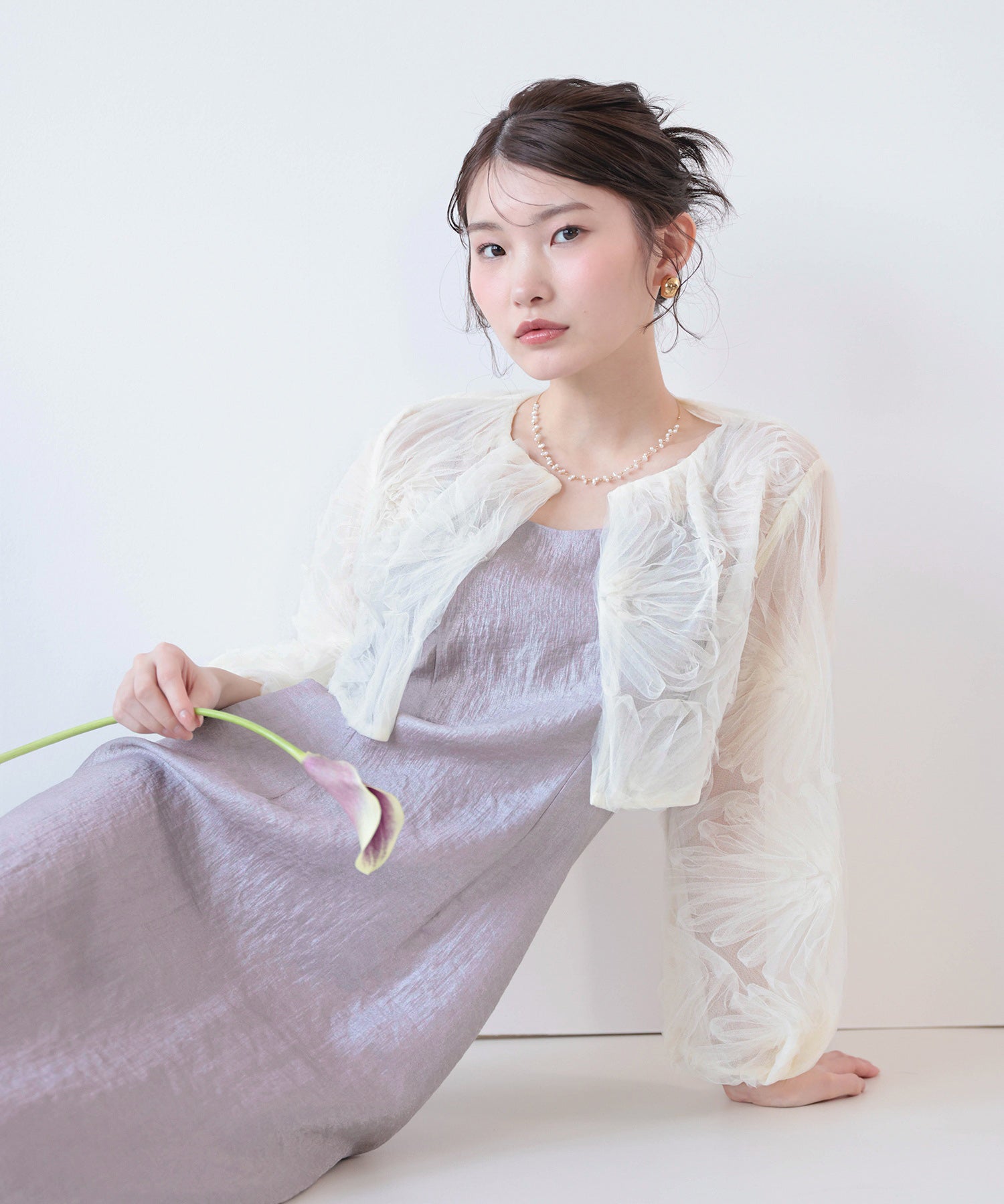【kaene別注企画】チュールエンブロイダリーボレロ 光沢サテンAラインドレス 2点セット パーティー結婚式 お呼ばれ オケージョンドレス