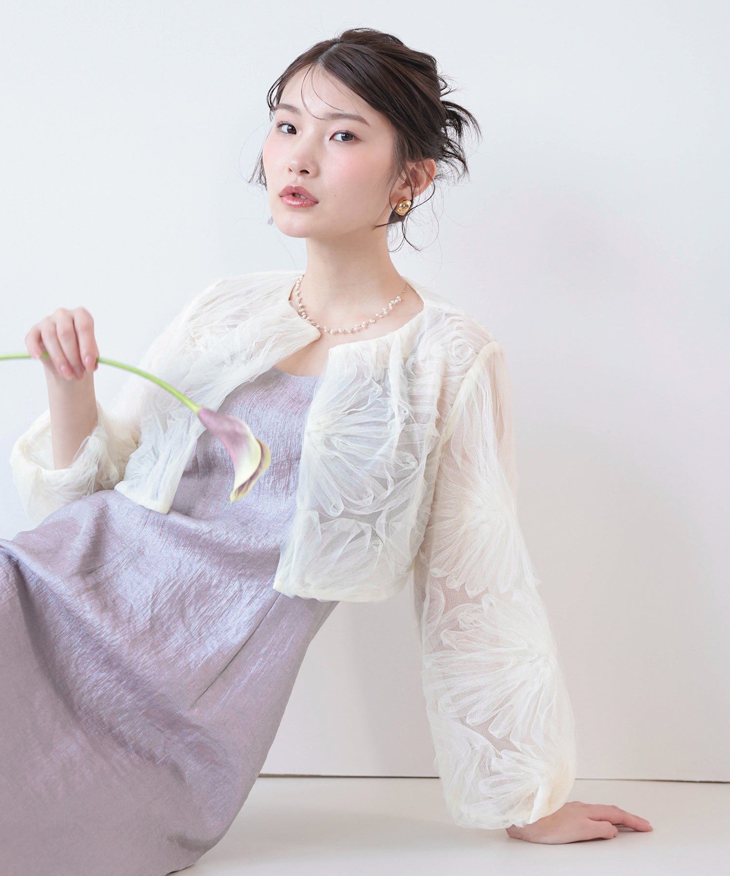 【kaene別注企画】チュールエンブロイダリーボレロ 光沢サテンAラインドレス 2点セット パーティー結婚式 お呼ばれ オケージョンドレス