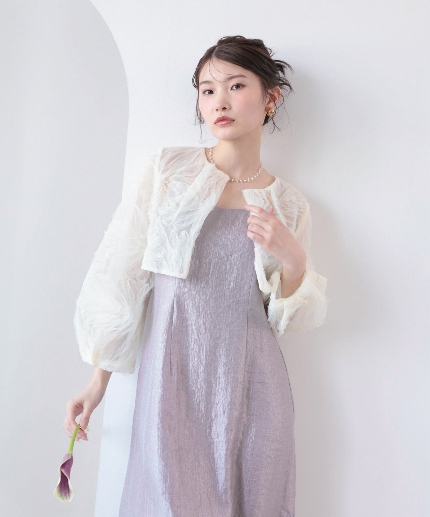 【kaene別注企画】チュールエンブロイダリーボレロ 光沢サテンAラインドレス 2点セット パーティー結婚式 お呼ばれ オケージョンドレス