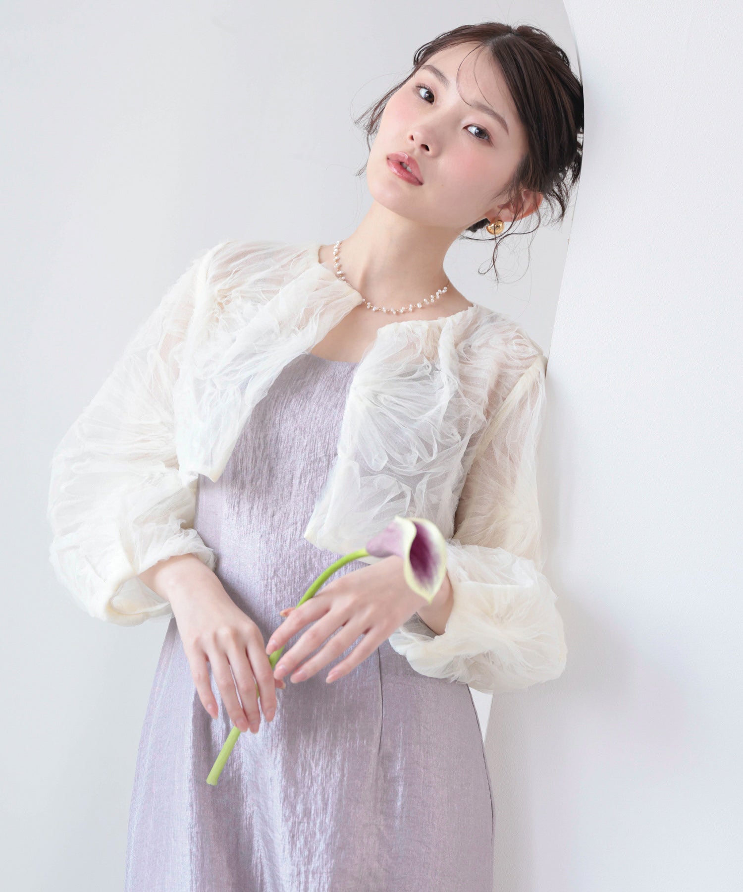 【kaene別注企画】チュールエンブロイダリーボレロ 光沢サテンAラインドレス 2点セット パーティー結婚式 お呼ばれ オケージョンドレス