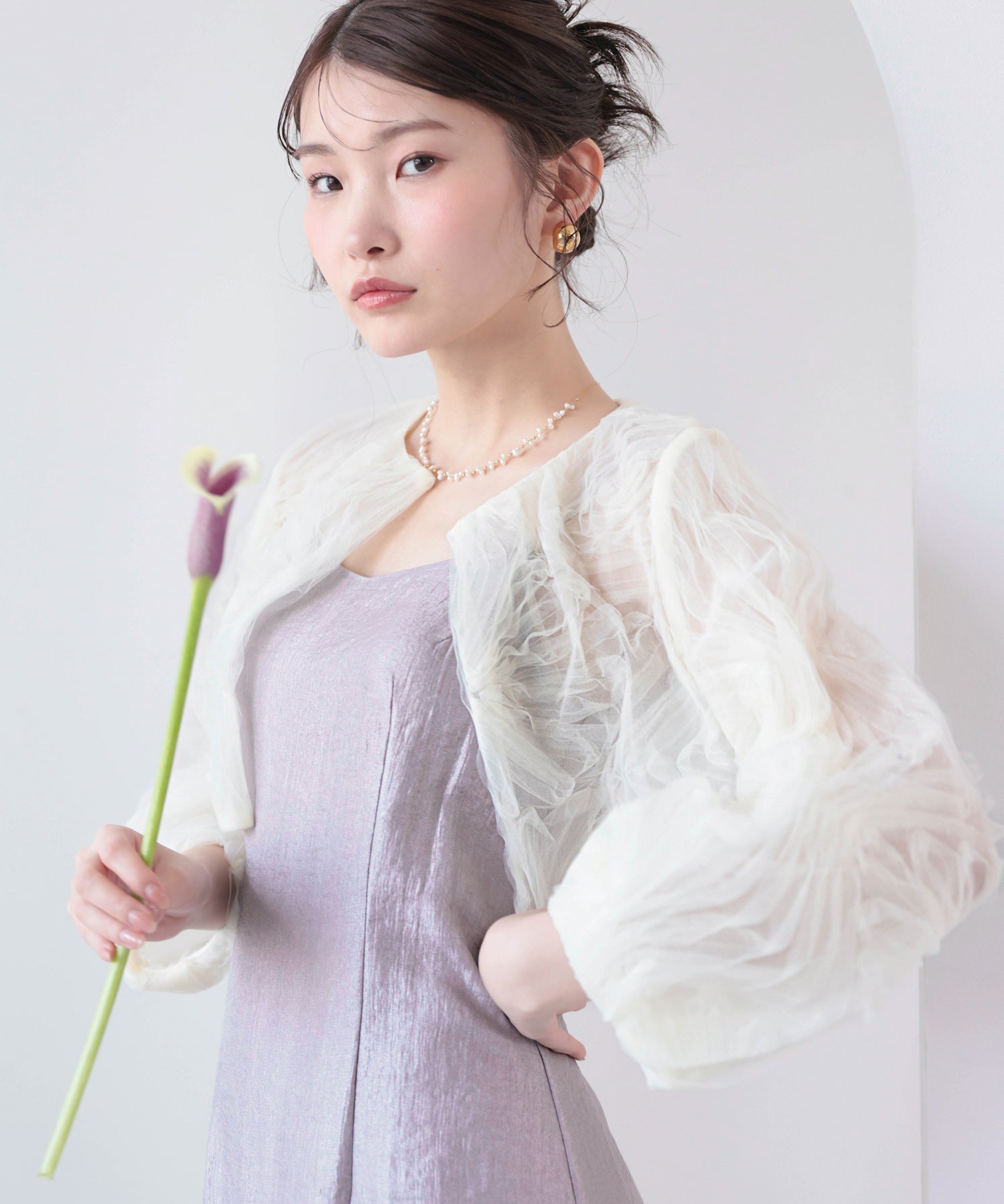 【kaene別注企画】チュールエンブロイダリーボレロ 光沢サテンAラインドレス 2点セット パーティー結婚式 お呼ばれ オケージョンドレス