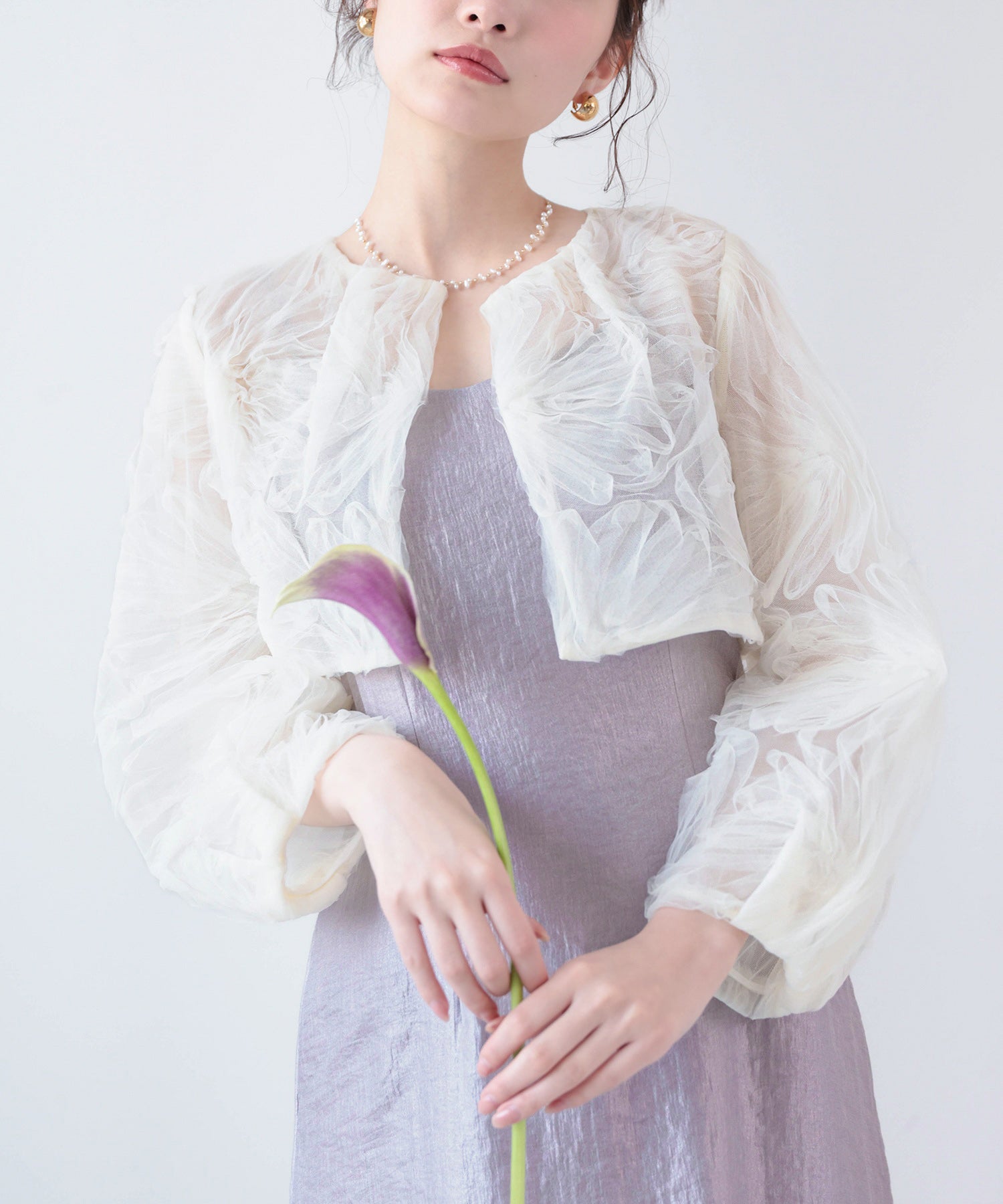 【kaene別注企画】チュールエンブロイダリーボレロ 光沢サテンAラインドレス 2点セット パーティー結婚式 お呼ばれ オケージョンドレス