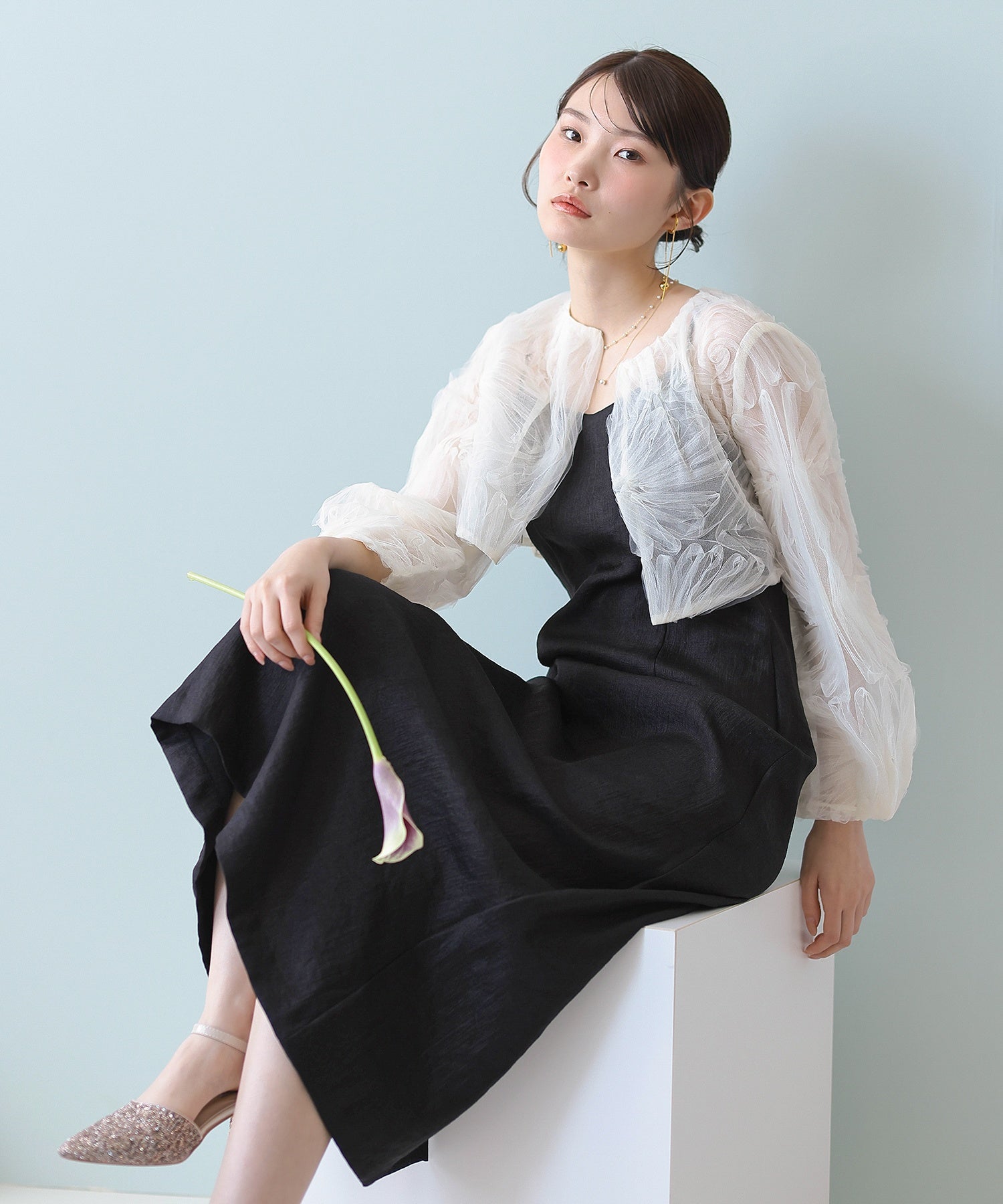 【kaene別注企画】チュールエンブロイダリーボレロ 光沢サテンAラインドレス 2点セット パーティー結婚式 お呼ばれ オケージョンドレス