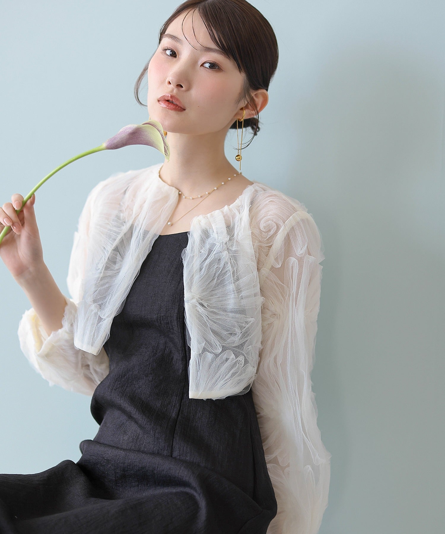 【kaene別注企画】チュールエンブロイダリーボレロ 光沢サテンAラインドレス 2点セット パーティー結婚式 お呼ばれ オケージョンドレス