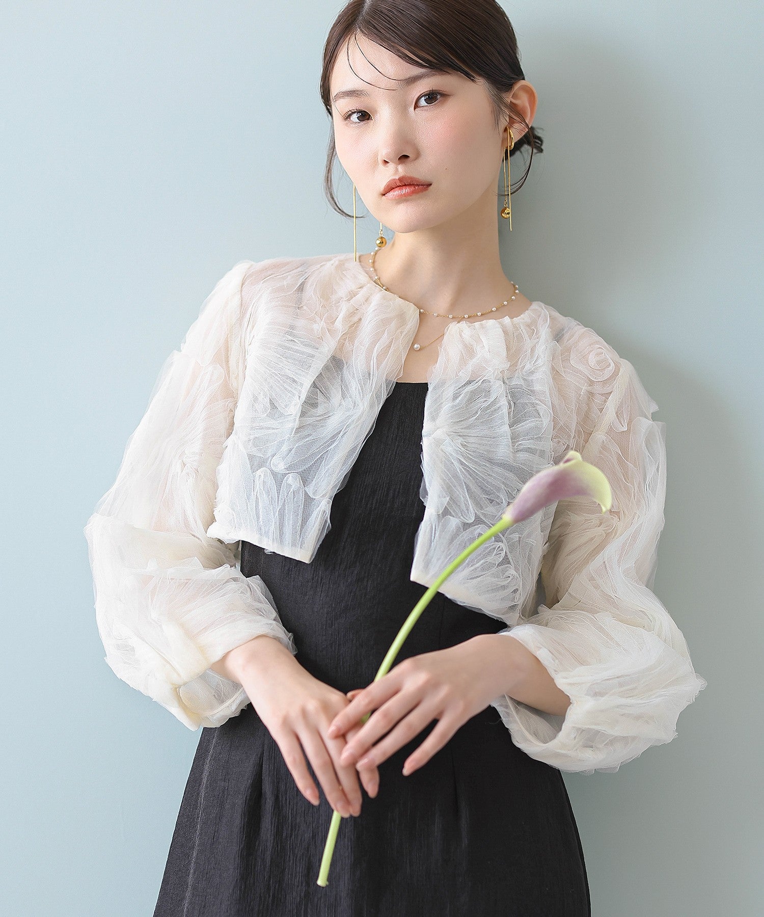 【kaene別注企画】チュールエンブロイダリーボレロ 光沢サテンAラインドレス 2点セット パーティー結婚式 お呼ばれ オケージョンドレス