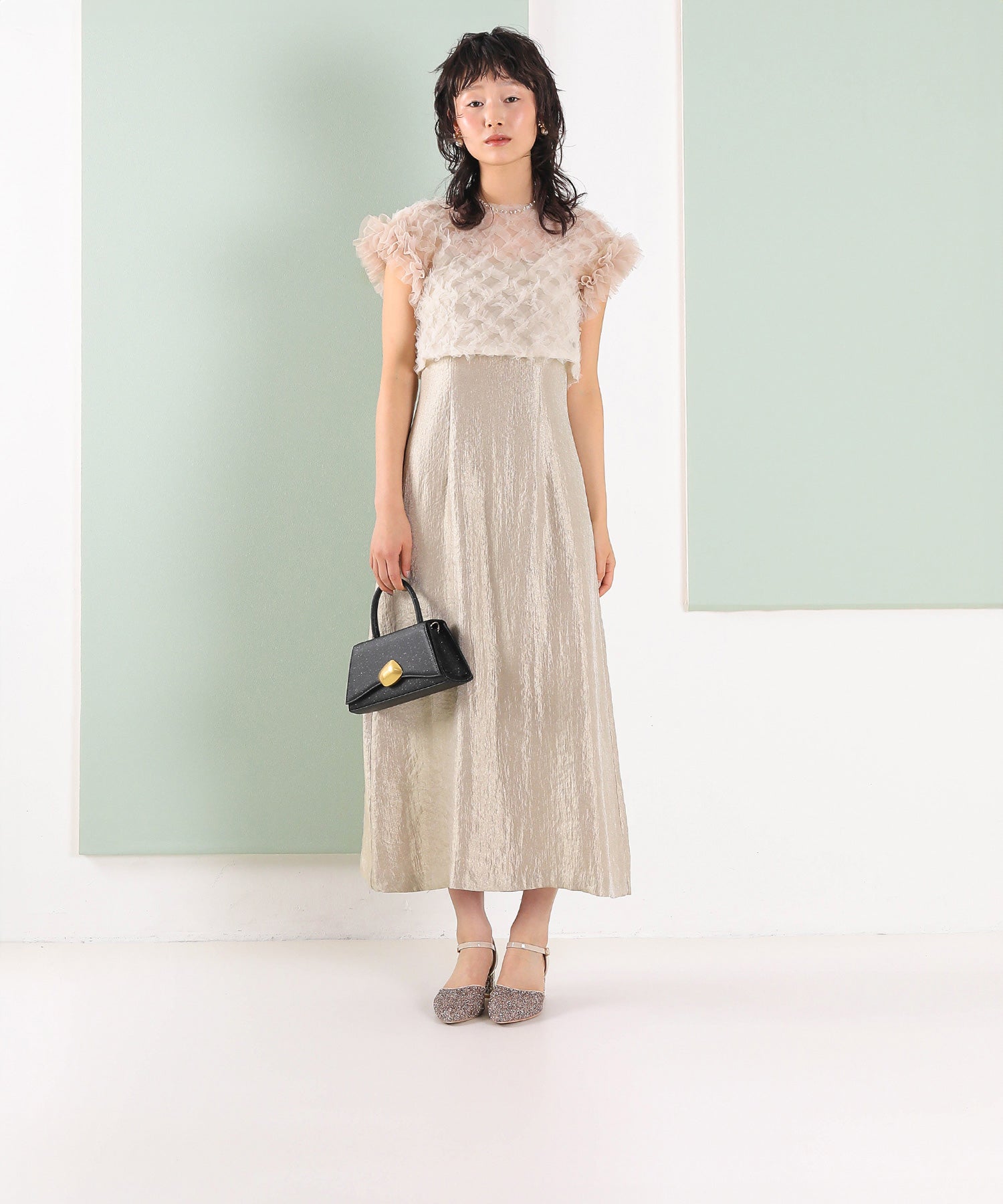 【kaene 別注カラー】ボリュームチュールブラウス 光沢サテンAラインワンピース 2点セットドレス パーティー結婚式 お呼ばれ オケージョンドレス