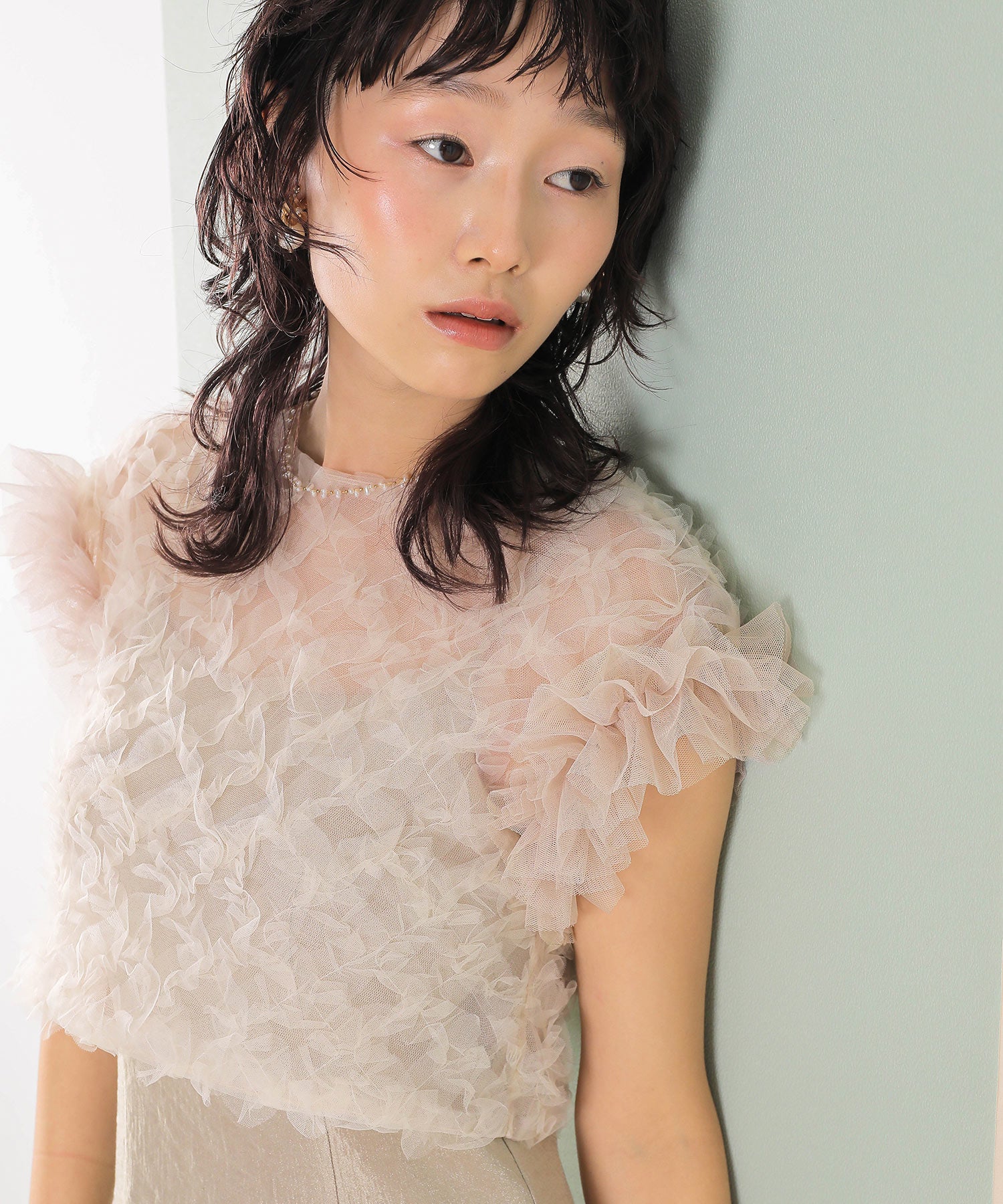 【kaene 別注カラー】ボリュームチュールブラウス 光沢サテンAラインワンピース 2点セットドレス パーティー結婚式 お呼ばれ オケージョンドレス