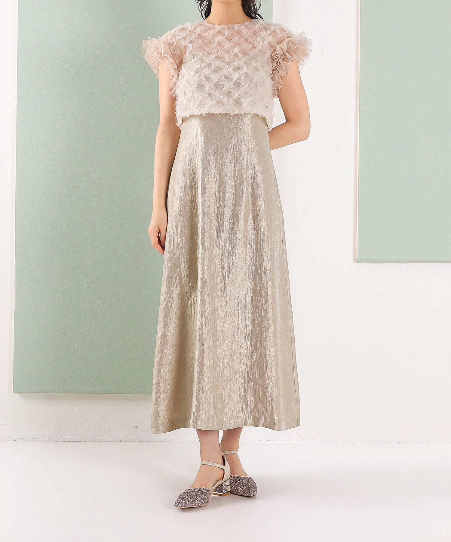 【kaene 別注カラー】ボリュームチュールブラウス 光沢サテンAラインワンピース 2点セットドレス パーティー結婚式 お呼ばれ オケージョンドレス