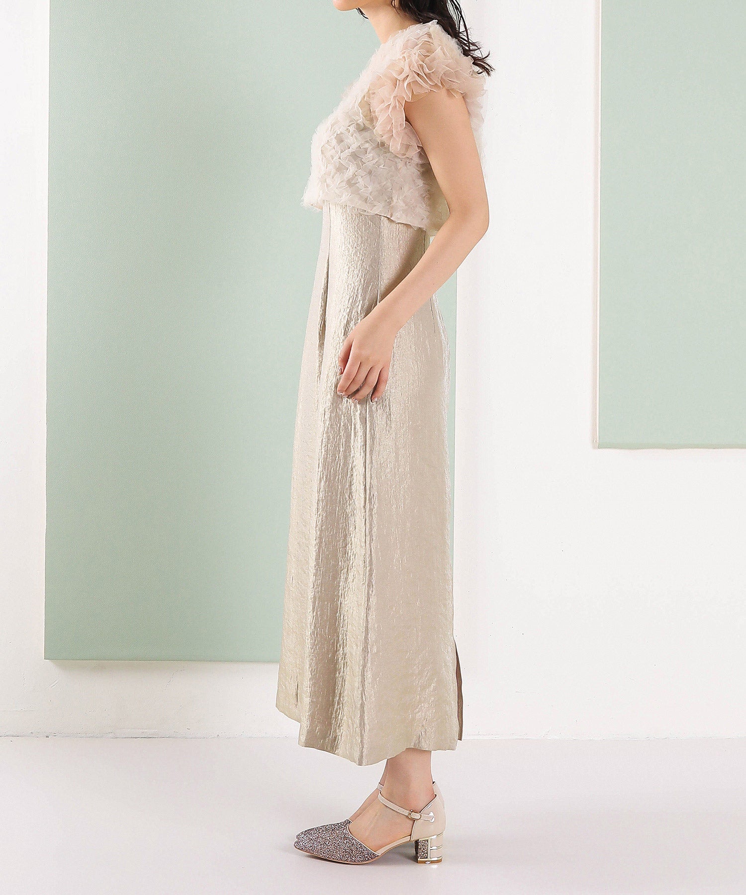 【kaene 別注カラー】ボリュームチュールブラウス 光沢サテンAラインワンピース 2点セットドレス パーティー結婚式 お呼ばれ オケージョンドレス