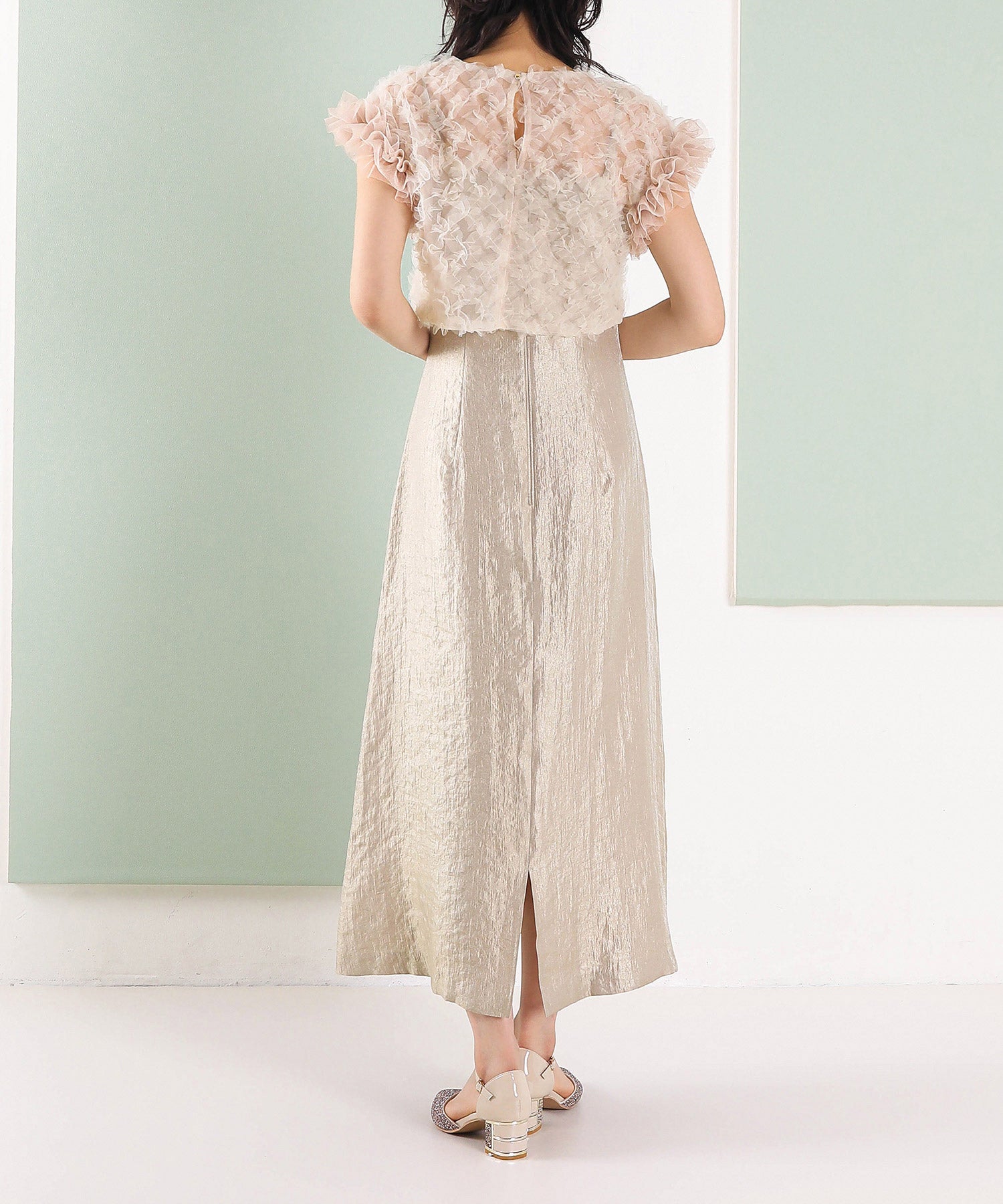 【kaene 別注カラー】ボリュームチュールブラウス 光沢サテンAラインワンピース 2点セットドレス パーティー結婚式 お呼ばれ オケージョンドレス