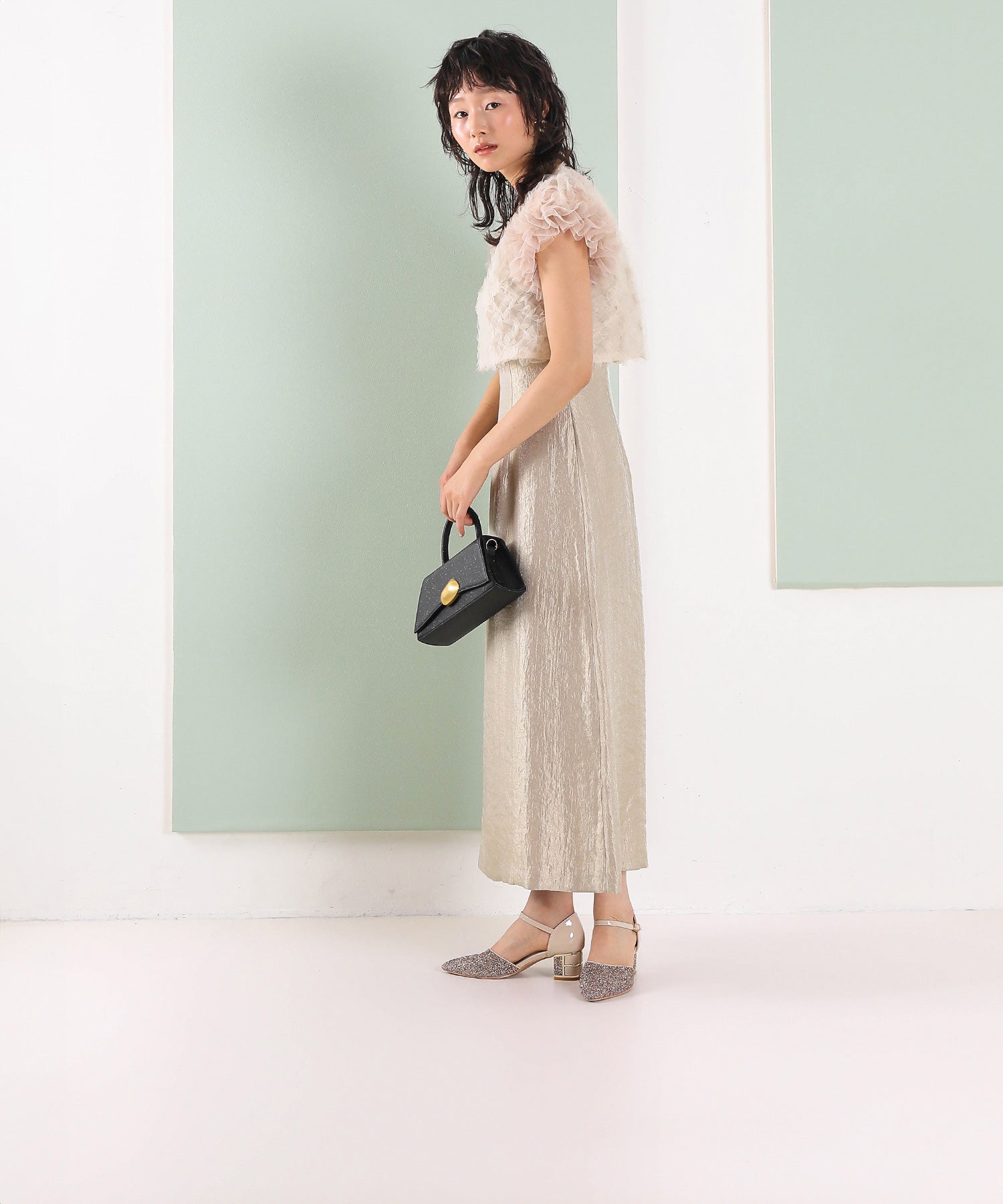 【kaene 別注カラー】ボリュームチュールブラウス 光沢サテンAラインワンピース 2点セットドレス パーティー結婚式 お呼ばれ オケージョンドレス