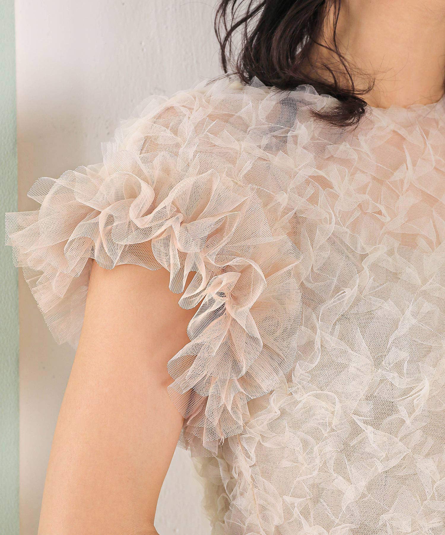 【kaene 別注カラー】ボリュームチュールブラウス 光沢サテンAラインワンピース 2点セットドレス パーティー結婚式 お呼ばれ オケージョンドレス