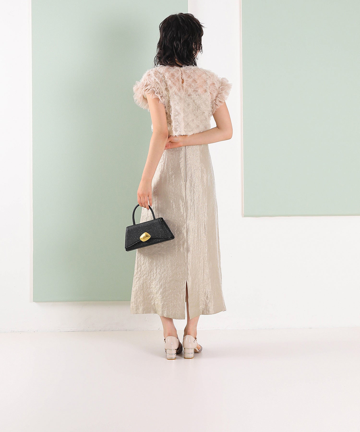 【kaene 別注カラー】ボリュームチュールブラウス 光沢サテンAラインワンピース 2点セットドレス パーティー結婚式 お呼ばれ オケージョンドレス