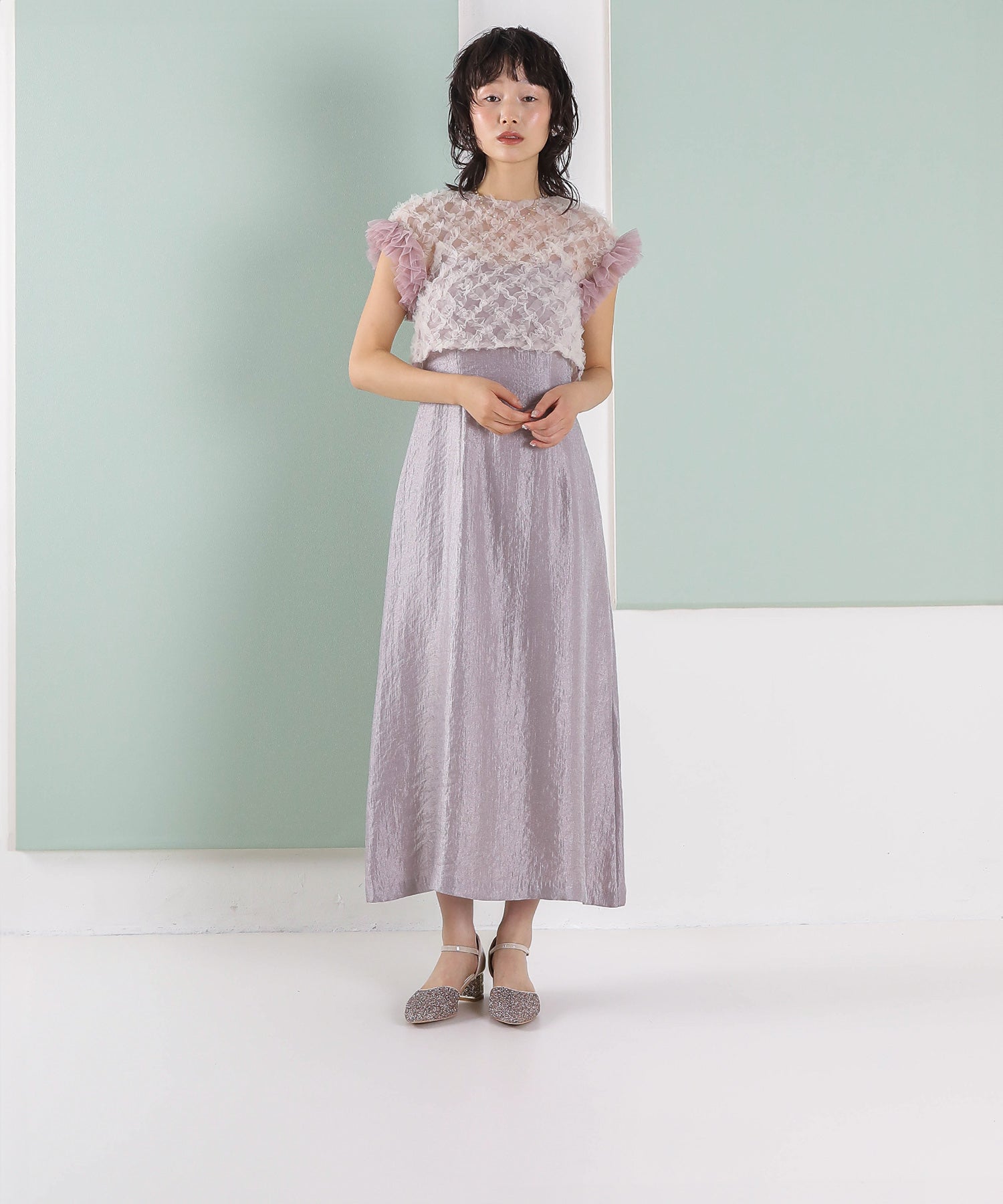 【kaene 別注カラー】ボリュームチュールブラウス 光沢サテンAラインワンピース 2点セットドレス パーティー結婚式 お呼ばれ オケージョンドレス