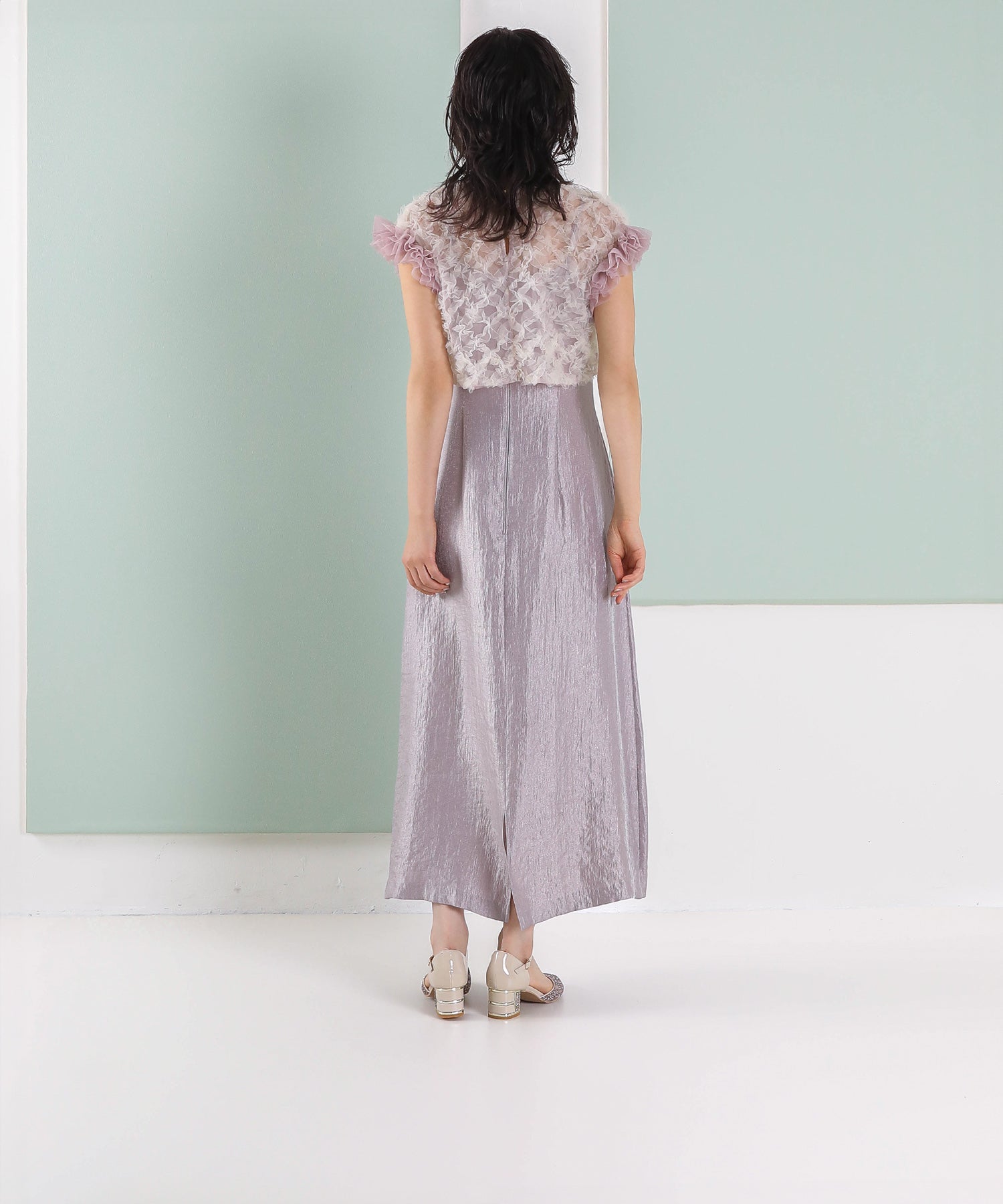 【kaene 別注カラー】ボリュームチュールブラウス 光沢サテンAラインワンピース 2点セットドレス パーティー結婚式 お呼ばれ オケージョンドレス