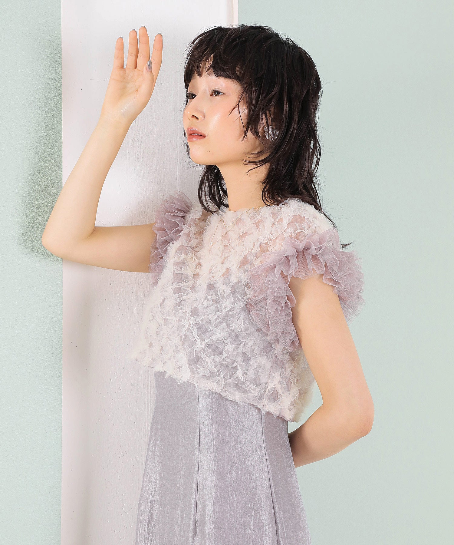 【kaene 別注カラー】ボリュームチュールブラウス 光沢サテンAラインワンピース 2点セットドレス パーティー結婚式 お呼ばれ オケージョンドレス