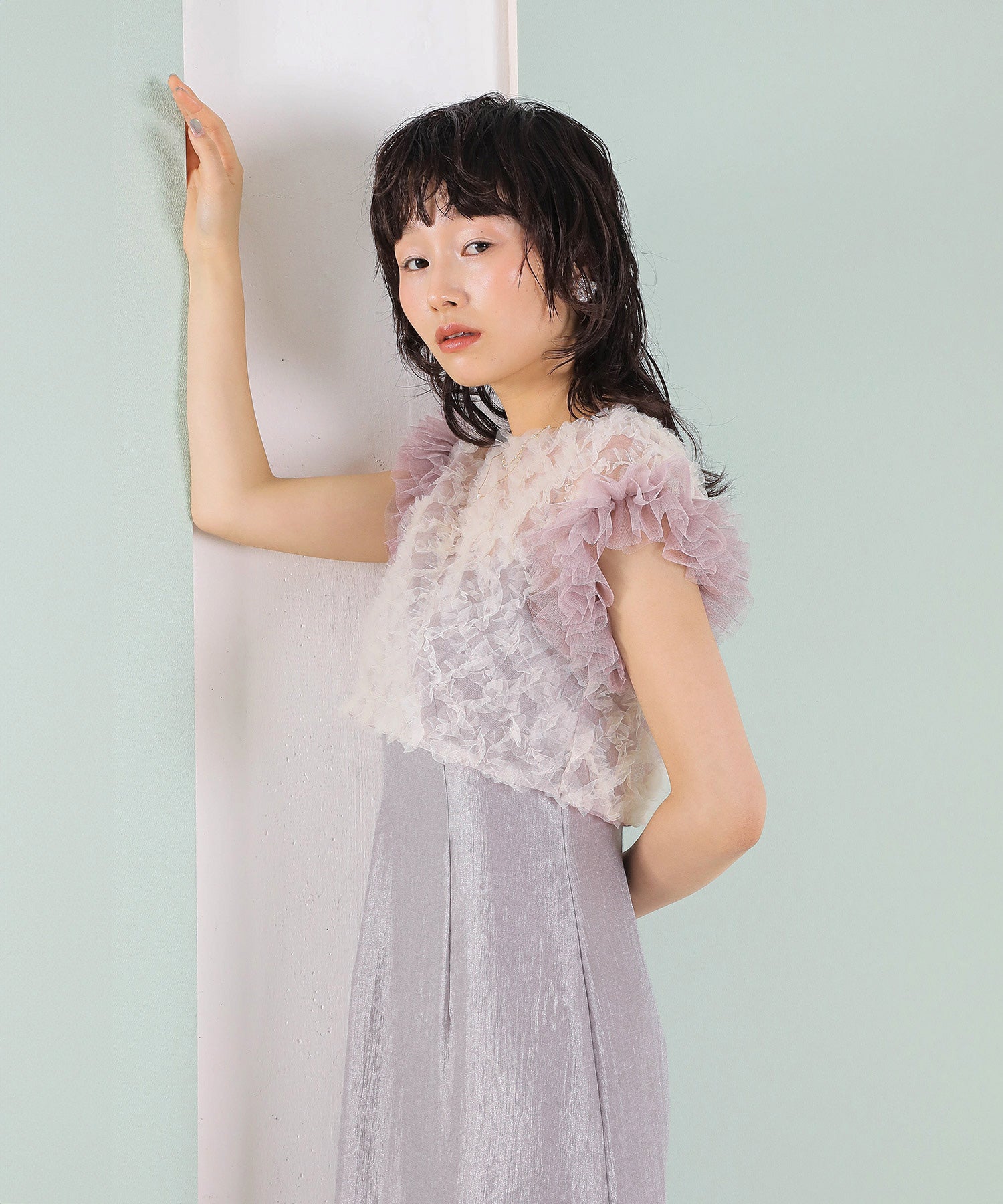 【kaene 別注カラー】ボリュームチュールブラウス 光沢サテンAラインワンピース 2点セットドレス パーティー結婚式 お呼ばれ オケージョンドレス