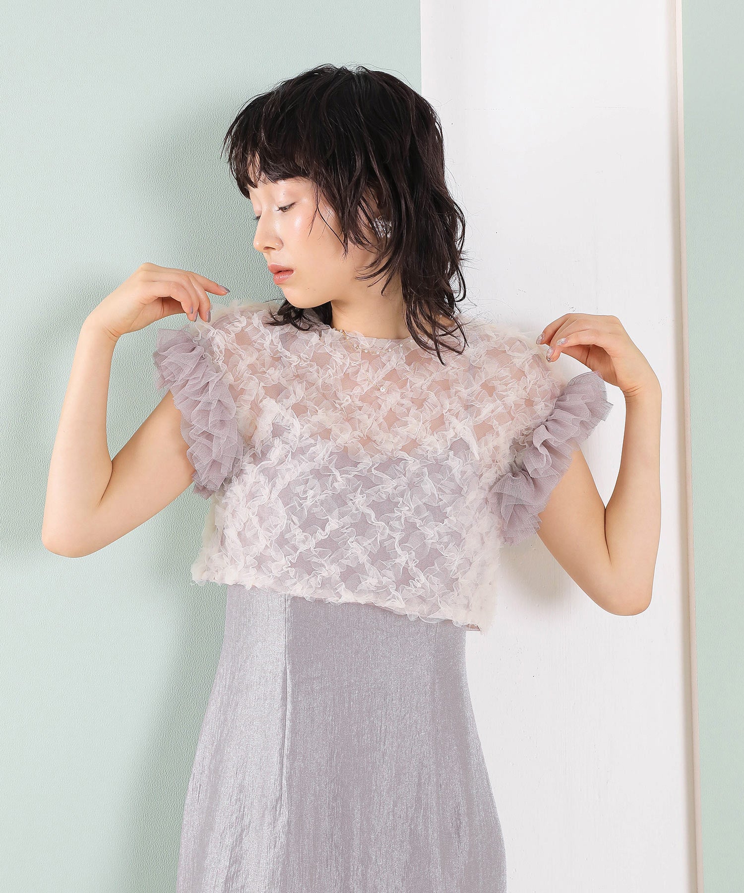 【kaene 別注カラー】ボリュームチュールブラウス 光沢サテンAラインワンピース 2点セットドレス パーティー結婚式 お呼ばれ オケージョンドレス