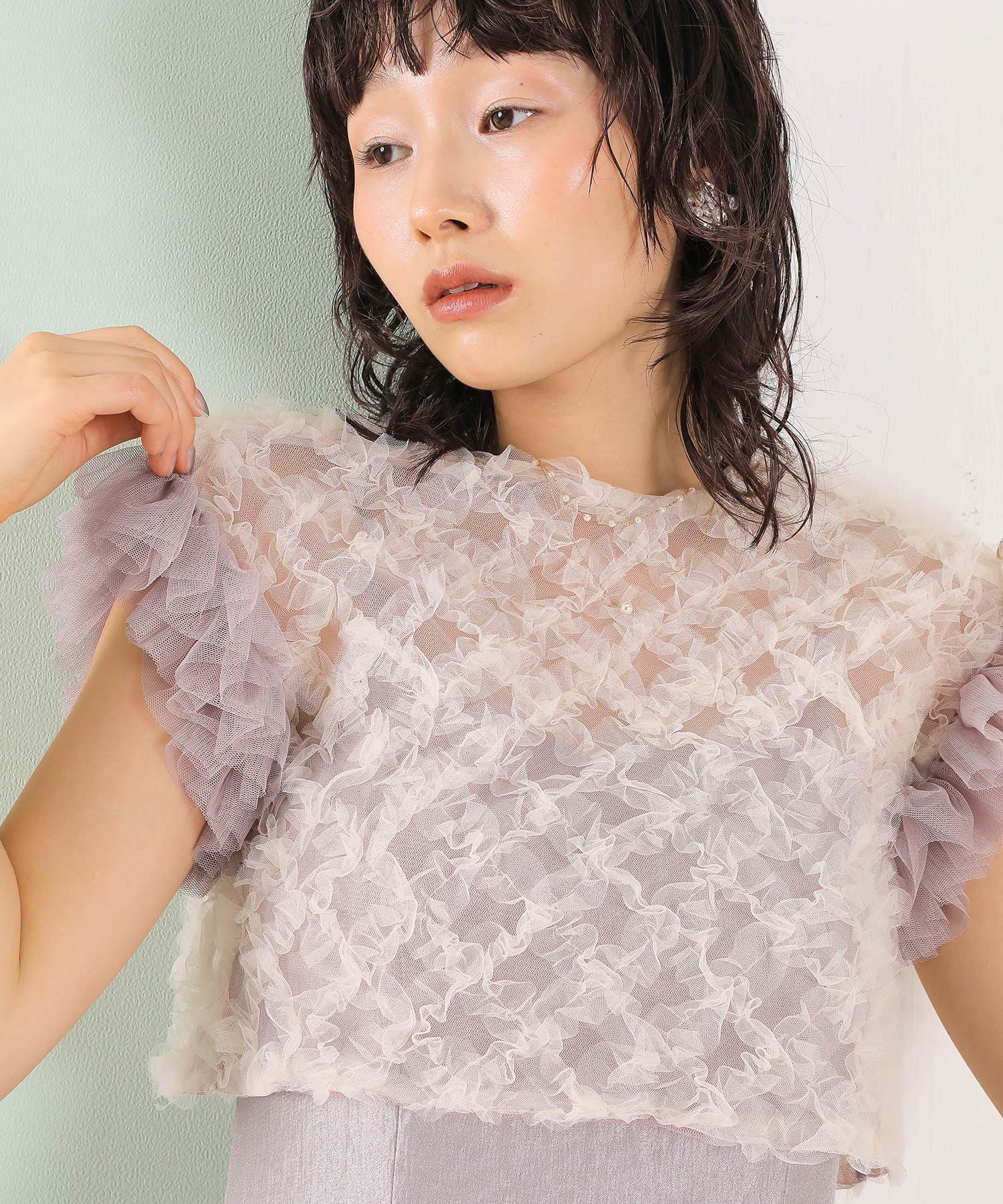 【kaene 別注カラー】ボリュームチュールブラウス 光沢サテンAラインワンピース 2点セットドレス パーティー結婚式 お呼ばれ オケージョンドレス