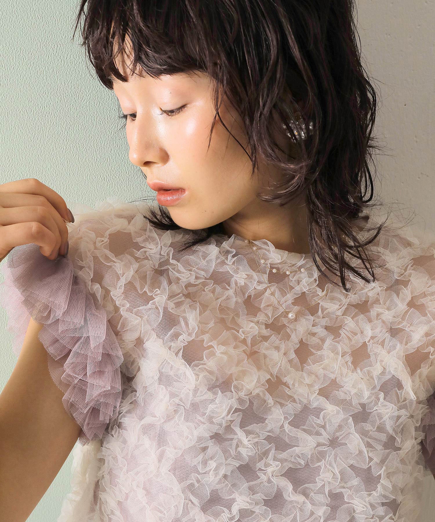 【kaene 別注カラー】ボリュームチュールブラウス 光沢サテンAラインワンピース 2点セットドレス パーティー結婚式 お呼ばれ オケージョンドレス