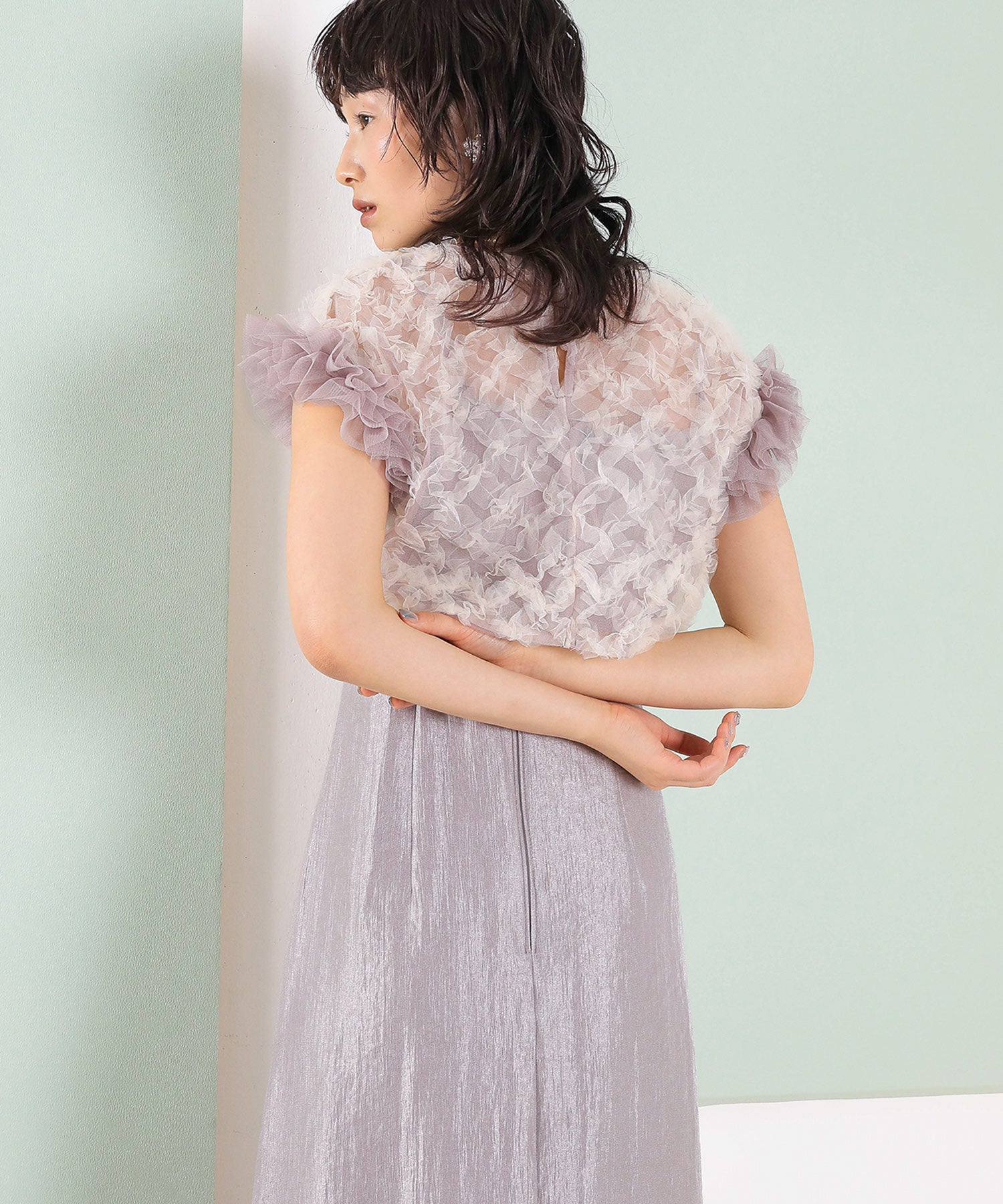 【kaene 別注カラー】ボリュームチュールブラウス 光沢サテンAラインワンピース 2点セットドレス パーティー結婚式 お呼ばれ オケージョンドレス