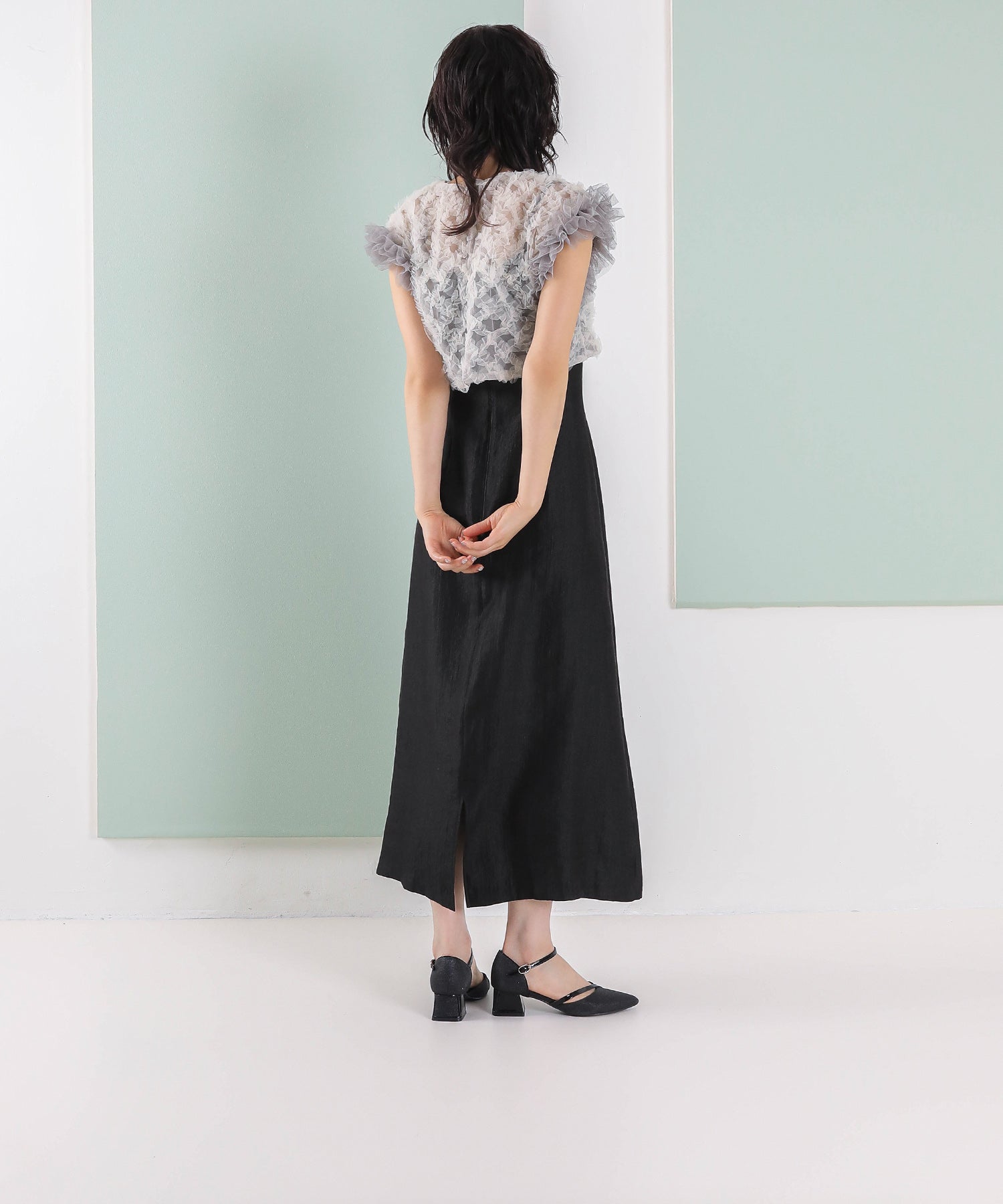 【kaene 別注カラー】ボリュームチュールブラウス 光沢サテンAラインワンピース 2点セットドレス パーティー結婚式 お呼ばれ オケージョンドレス