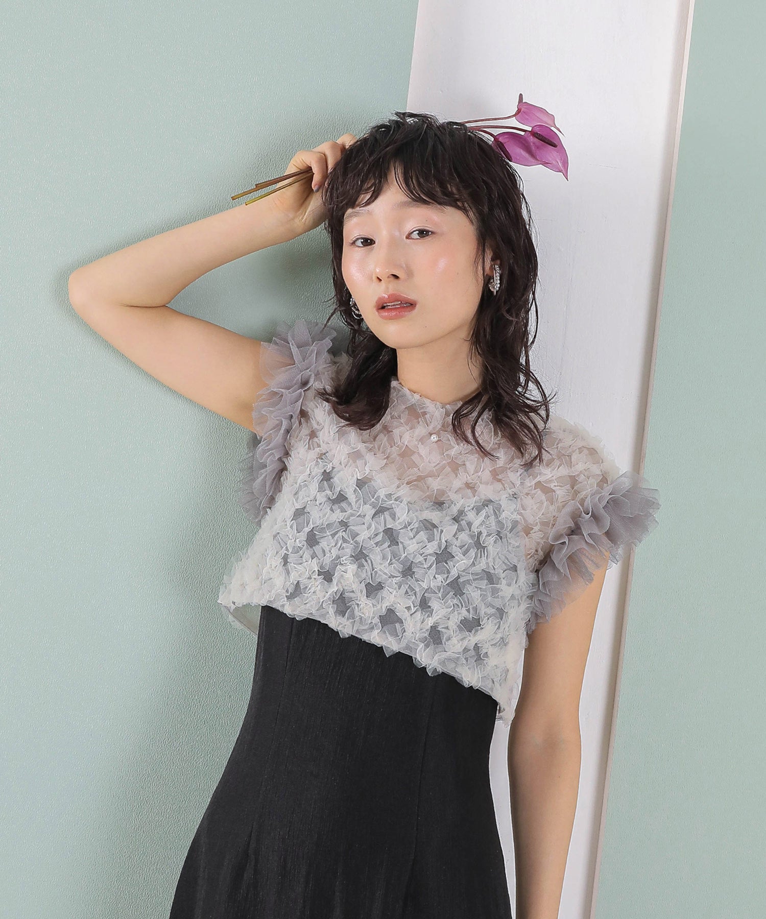 【kaene 別注カラー】ボリュームチュールブラウス 光沢サテンAラインワンピース 2点セットドレス パーティー結婚式 お呼ばれ オケージョンドレス