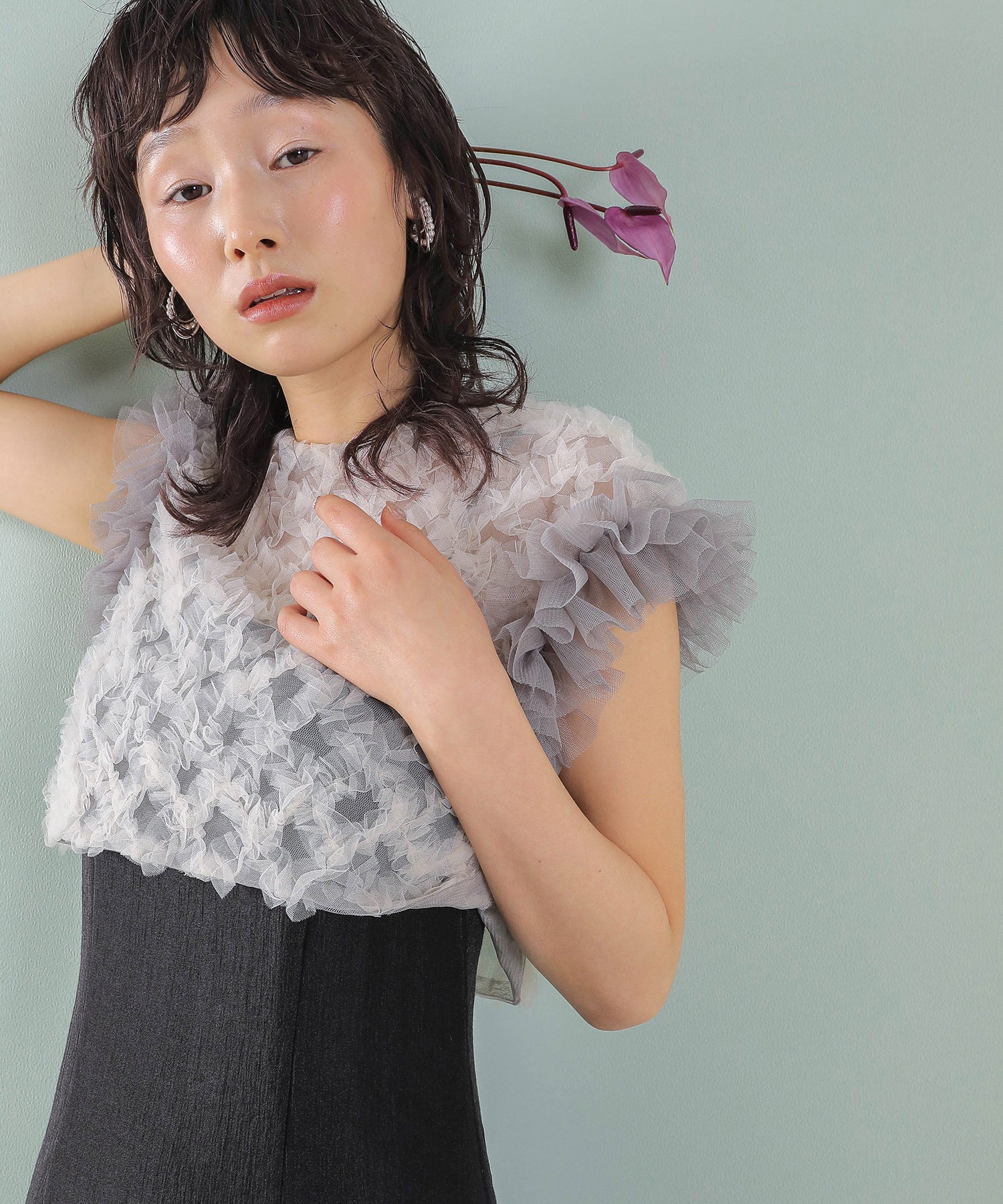 【kaene 別注カラー】ボリュームチュールブラウス 光沢サテンAラインワンピース 2点セットドレス パーティー結婚式 お呼ばれ オケージョンドレス