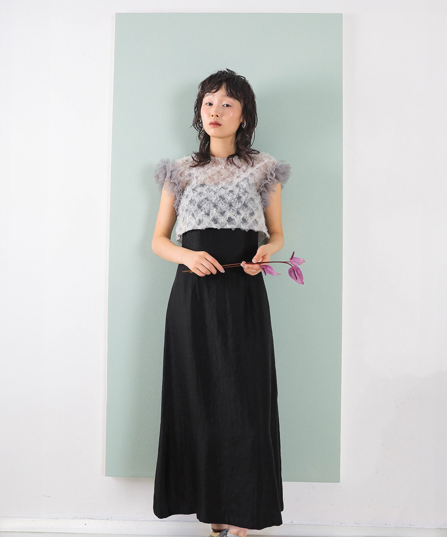 【kaene 別注カラー】ボリュームチュールブラウス 光沢サテンAラインワンピース 2点セットドレス パーティー結婚式 お呼ばれ オケージョンドレス