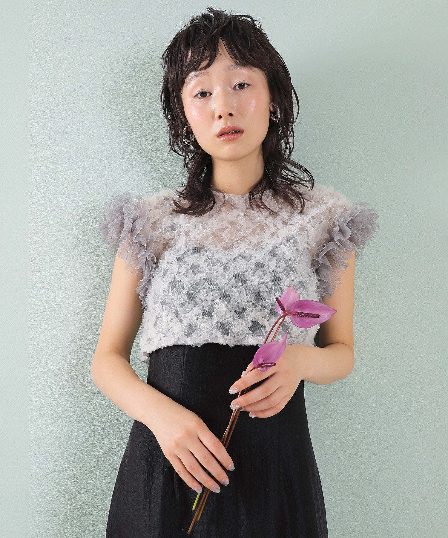 【kaene 別注カラー】ボリュームチュールブラウス 光沢サテンAラインワンピース 2点セットドレス パーティー結婚式 お呼ばれ オケージョンドレス