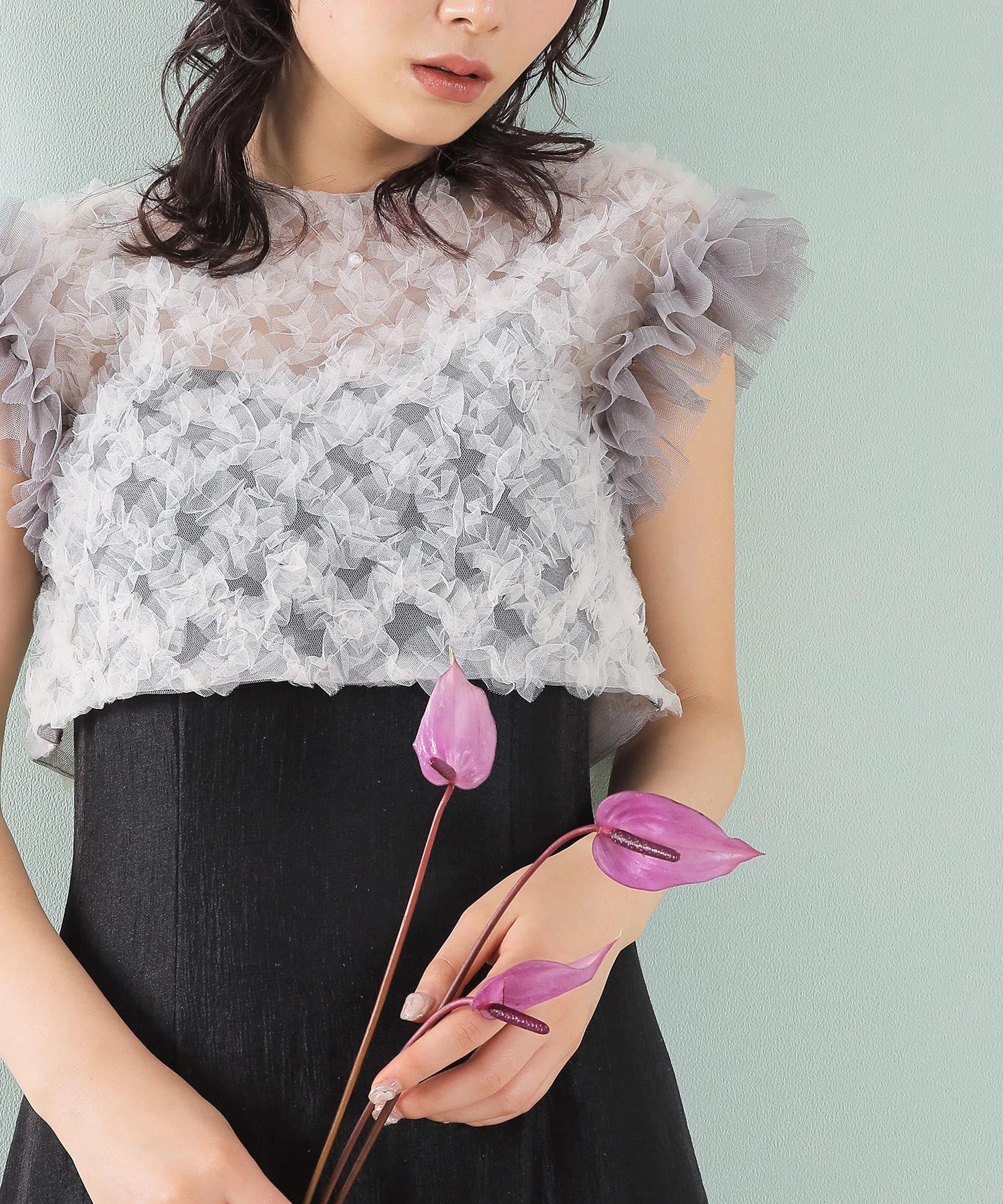 【kaene 別注カラー】ボリュームチュールブラウス 光沢サテンAラインワンピース 2点セットドレス パーティー結婚式 お呼ばれ オケージョンドレス