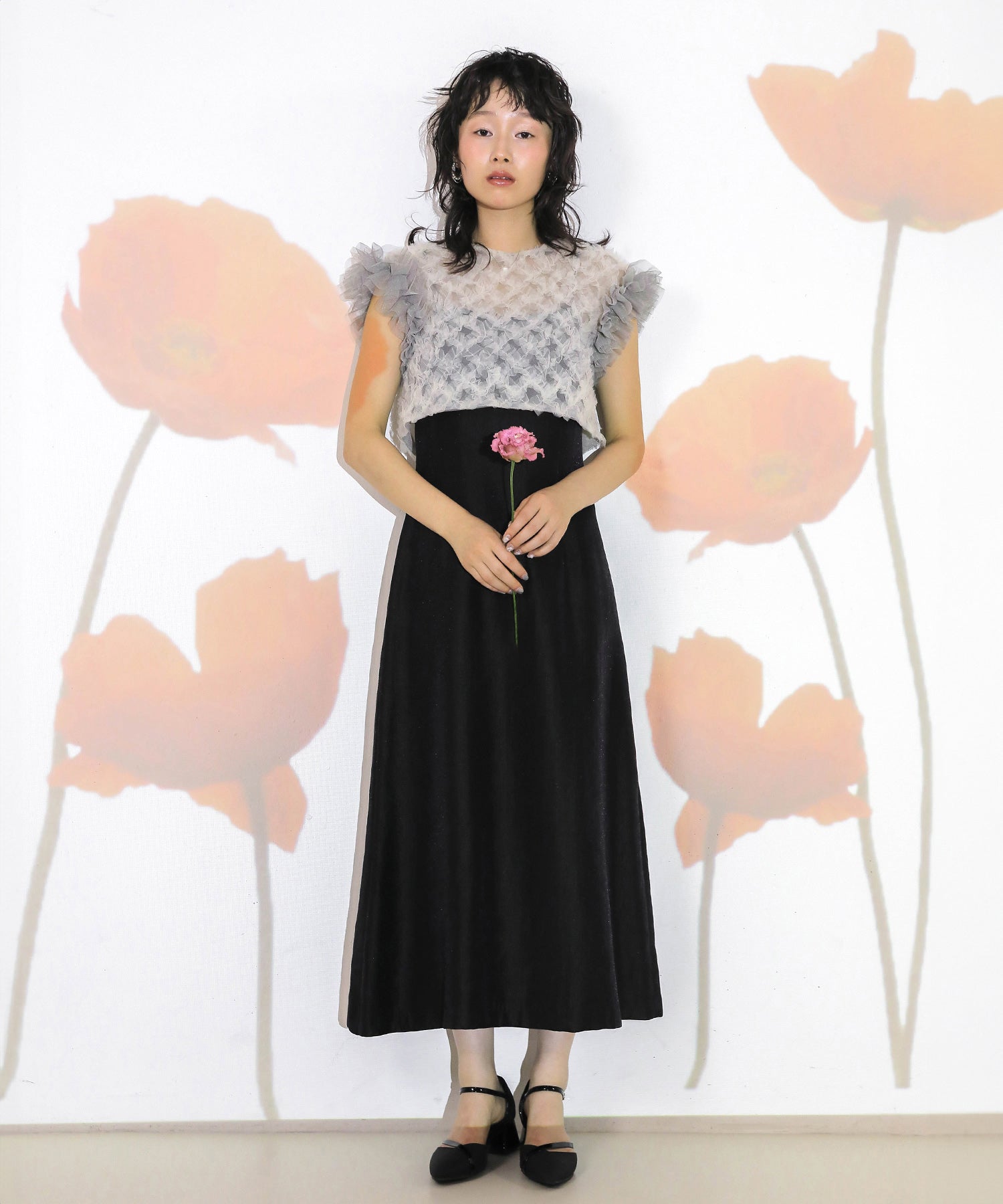 【kaene 別注カラー】ボリュームチュールブラウス 光沢サテンAラインワンピース 2点セットドレス パーティー結婚式 お呼ばれ オケージョンドレス