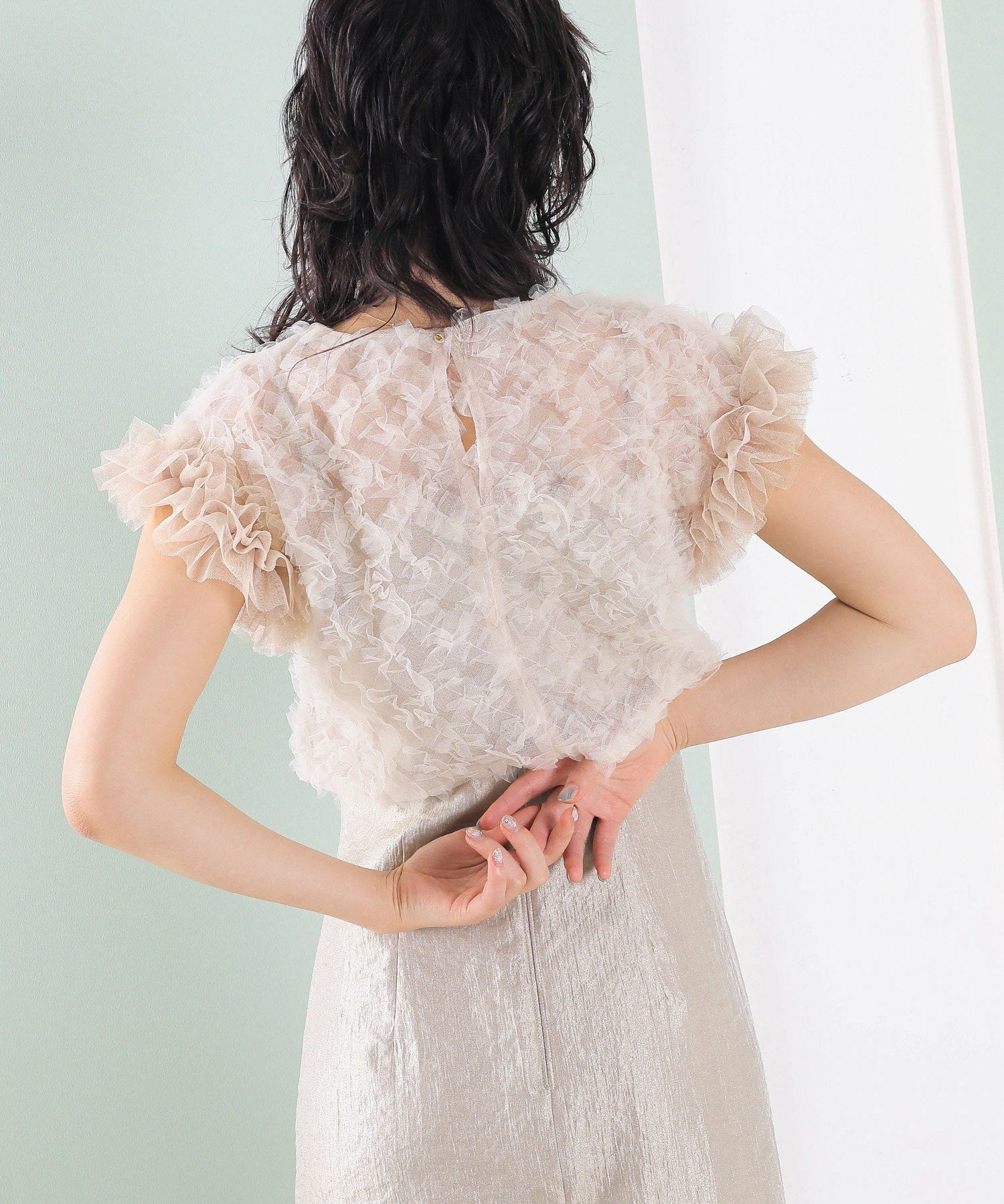 【kaene 別注カラー】ボリュームチュールブラウス 光沢サテンAラインワンピース 2点セットドレス パーティー結婚式 お呼ばれ オケージョンドレス