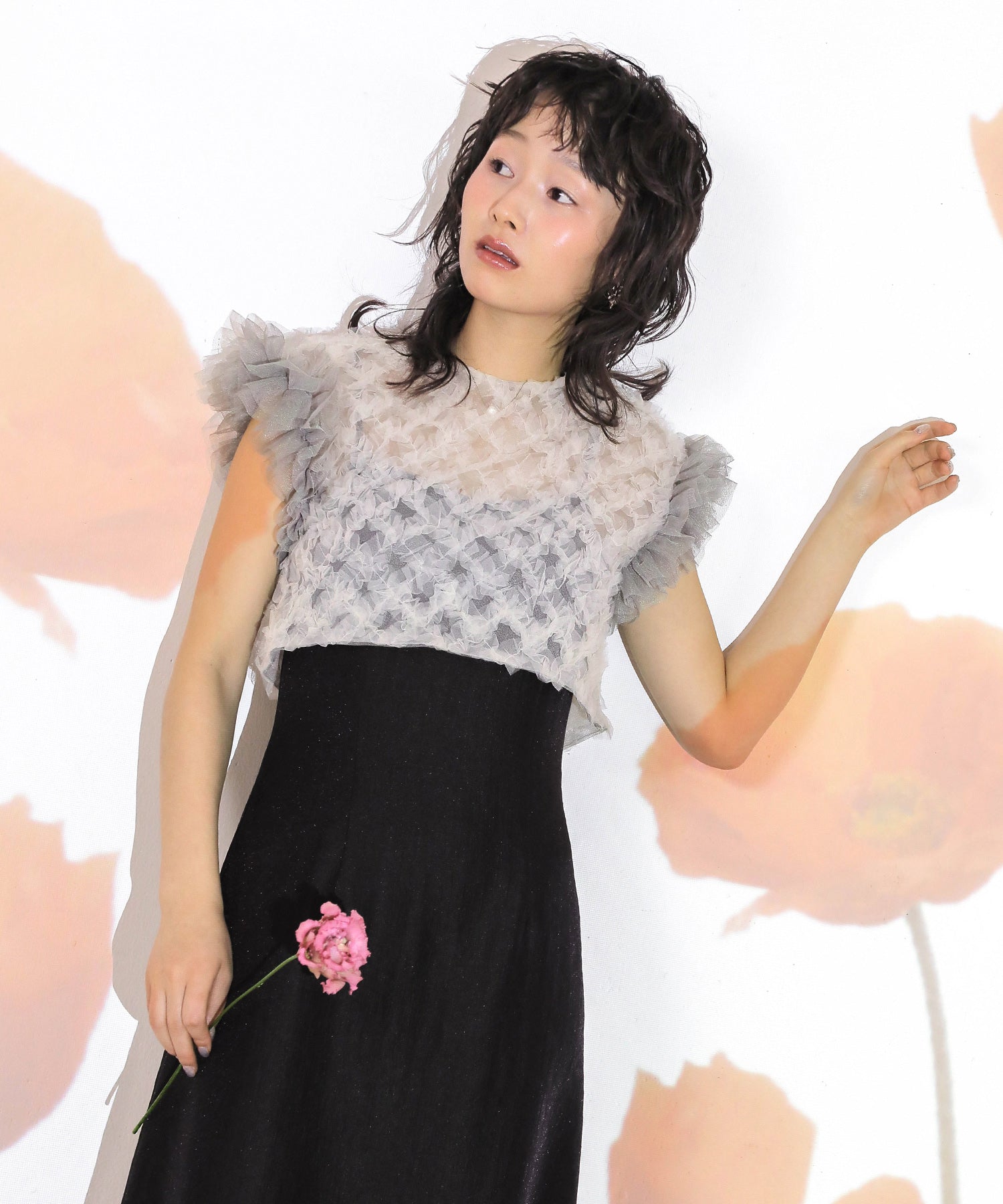 【kaene 別注カラー】ボリュームチュールブラウス 光沢サテンAラインワンピース 2点セットドレス パーティー結婚式 お呼ばれ オケージョンドレス